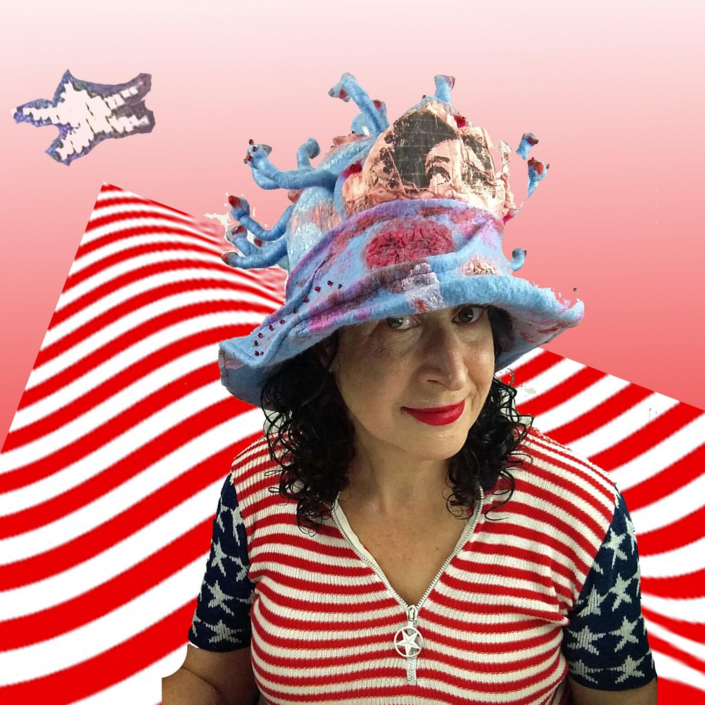 Pale Blue and Pink Hat inspired by Coronavirus with Eyes on it, worn by woman in USA flag inspired shirt.