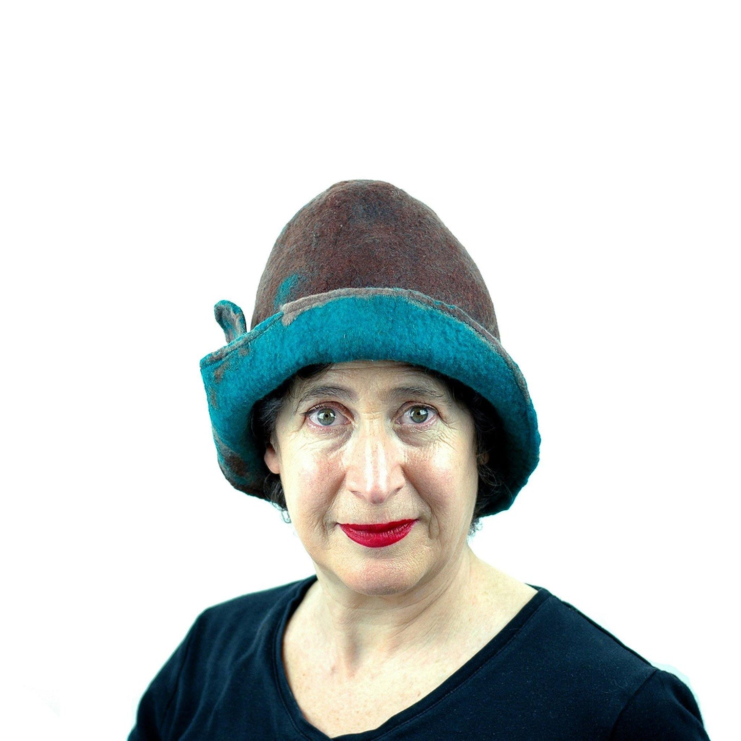 1920s Style Brown Felted Cloche with Emerald Green Brim - front view