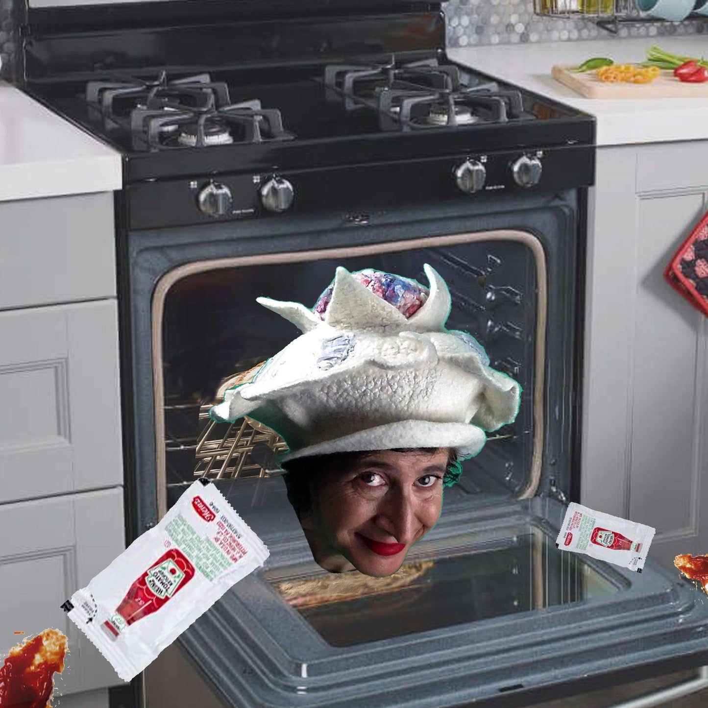 Surreal Collage featuring the Brain Hat popping out of an Oven with two Heinze Ketchup packages - for a Halloween collage.