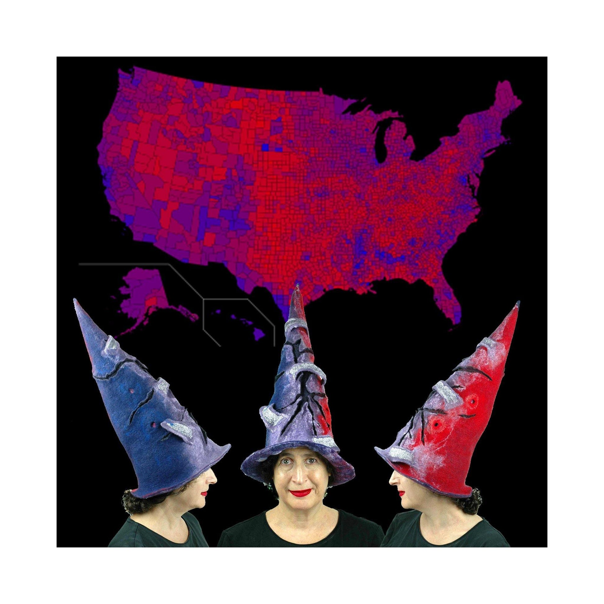 Three angles of the Violet Protest Hat seen agains a map of the United States that is red, blue and purple showing voter patterns from the 2016 election.
