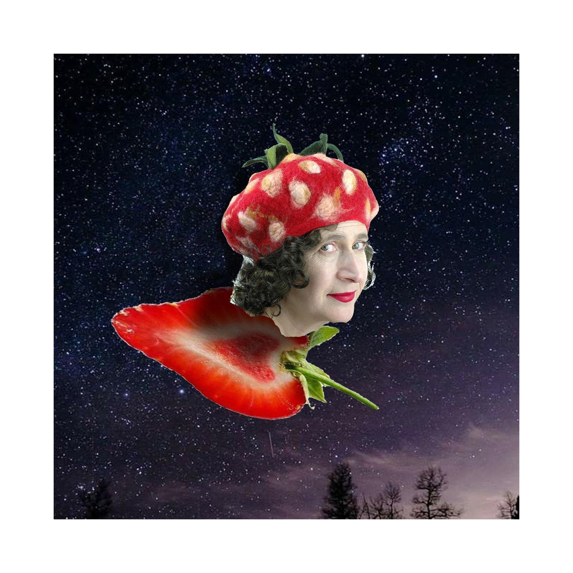 Collage of Strawberry Beret flying on a strawberry broom against a starry night sky.