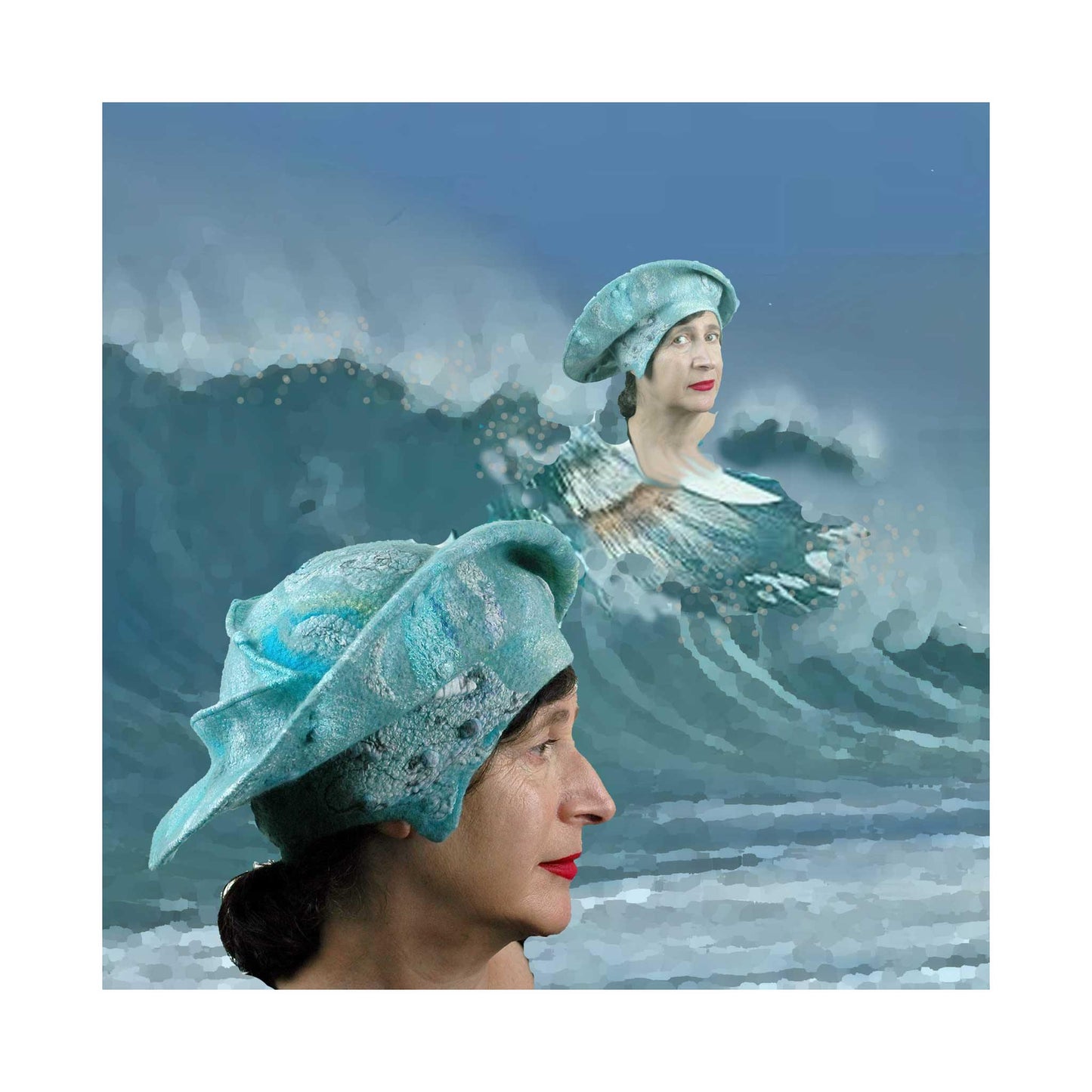 Digital Collage of Hat Surfing against a wave.