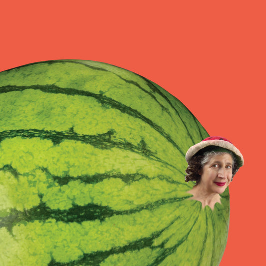 Playful digital collage of Saucer Hat as stem of Watermelon