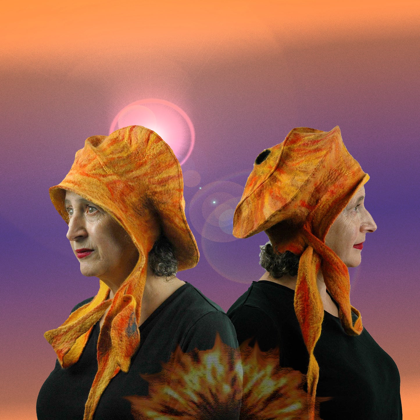 Collage of two orange-colored, Felted Fire Berets