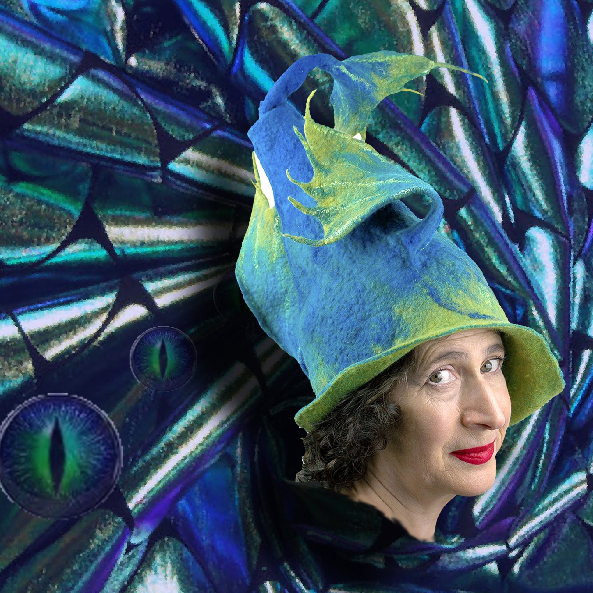 Collage of Turquoise Blue and Green Witch hat with Dragon wings.