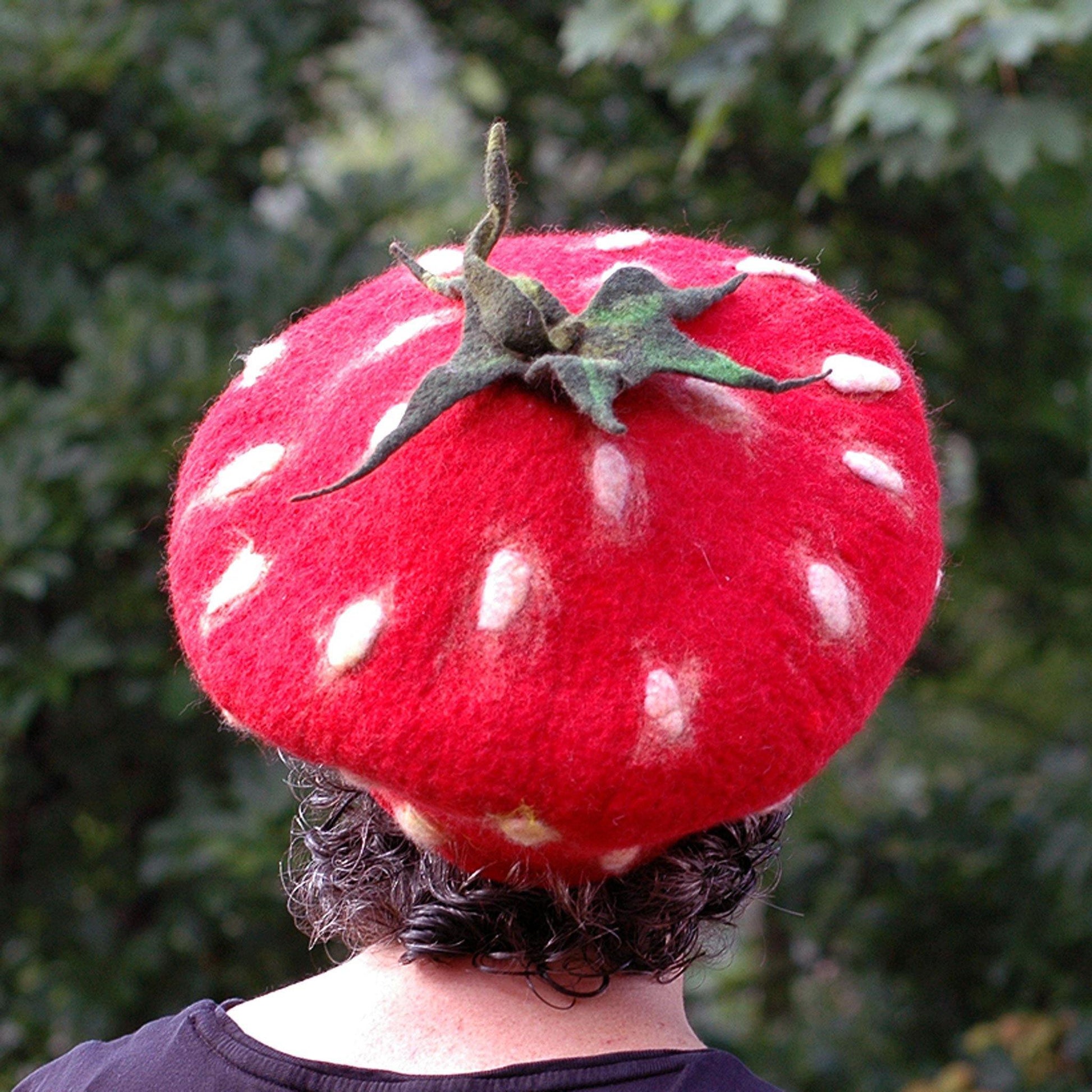 Charming Felted Strawberry Beret - back view