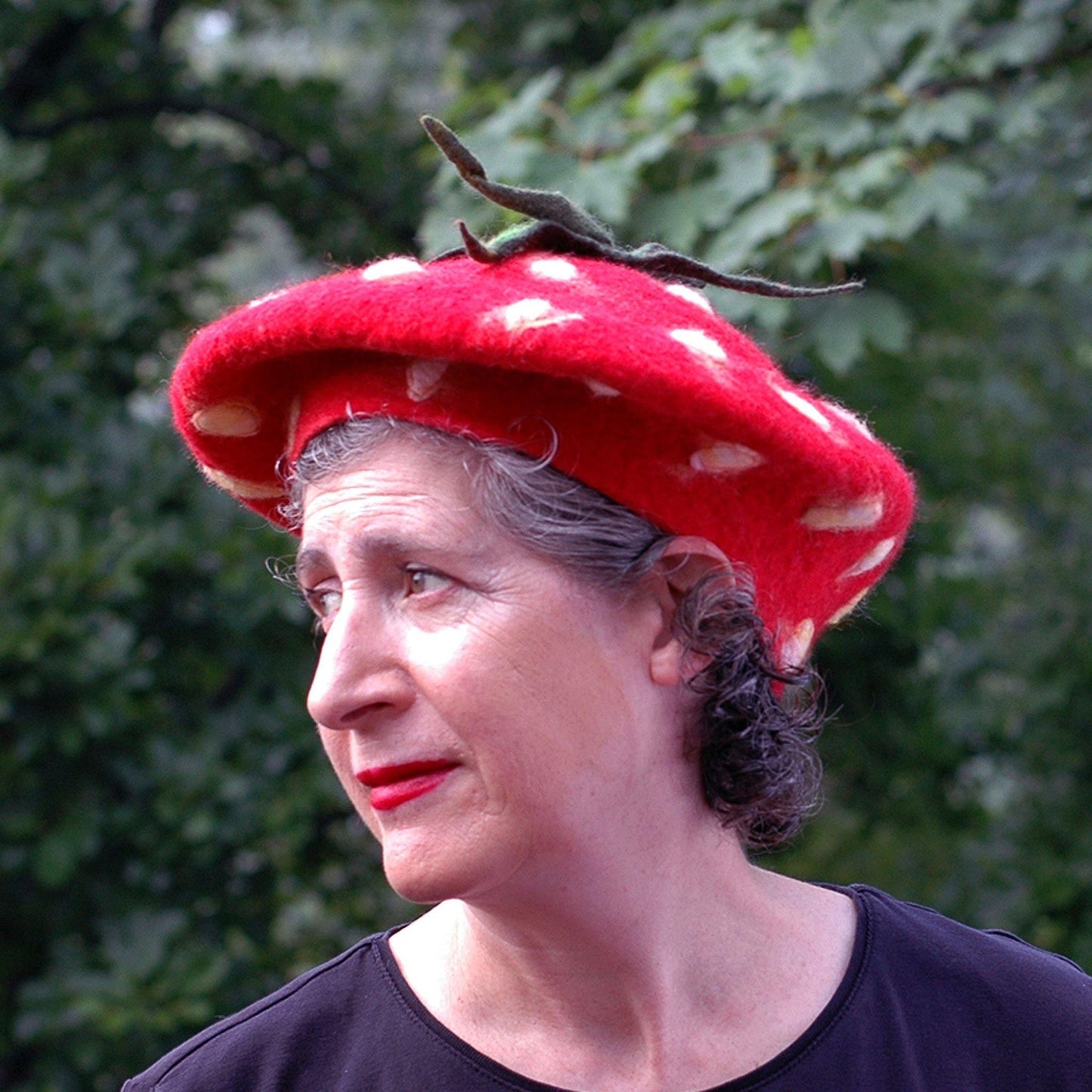 Charming Felted Strawberry Beret - three quarters view