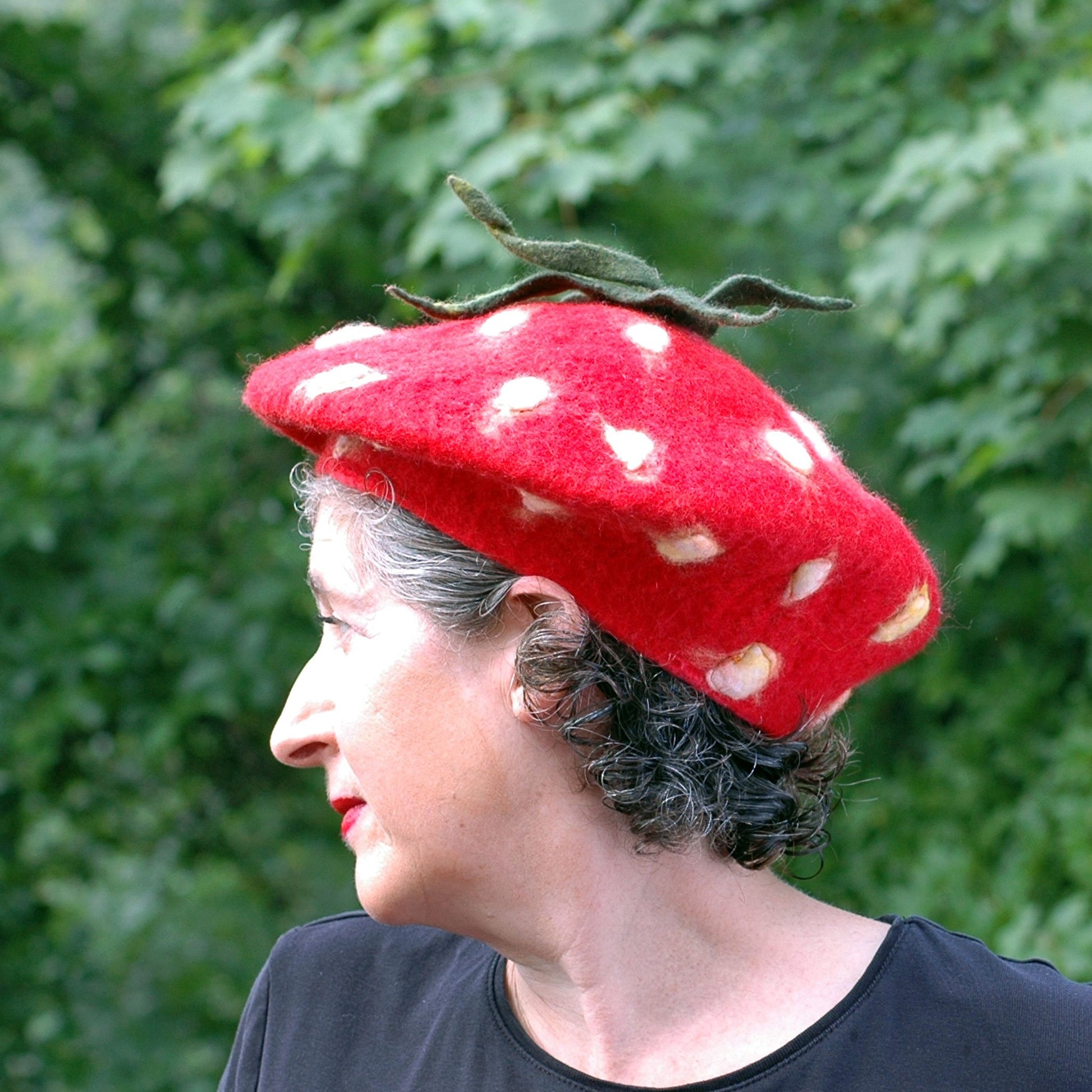 Charming Felted Strawberry Beret - side view