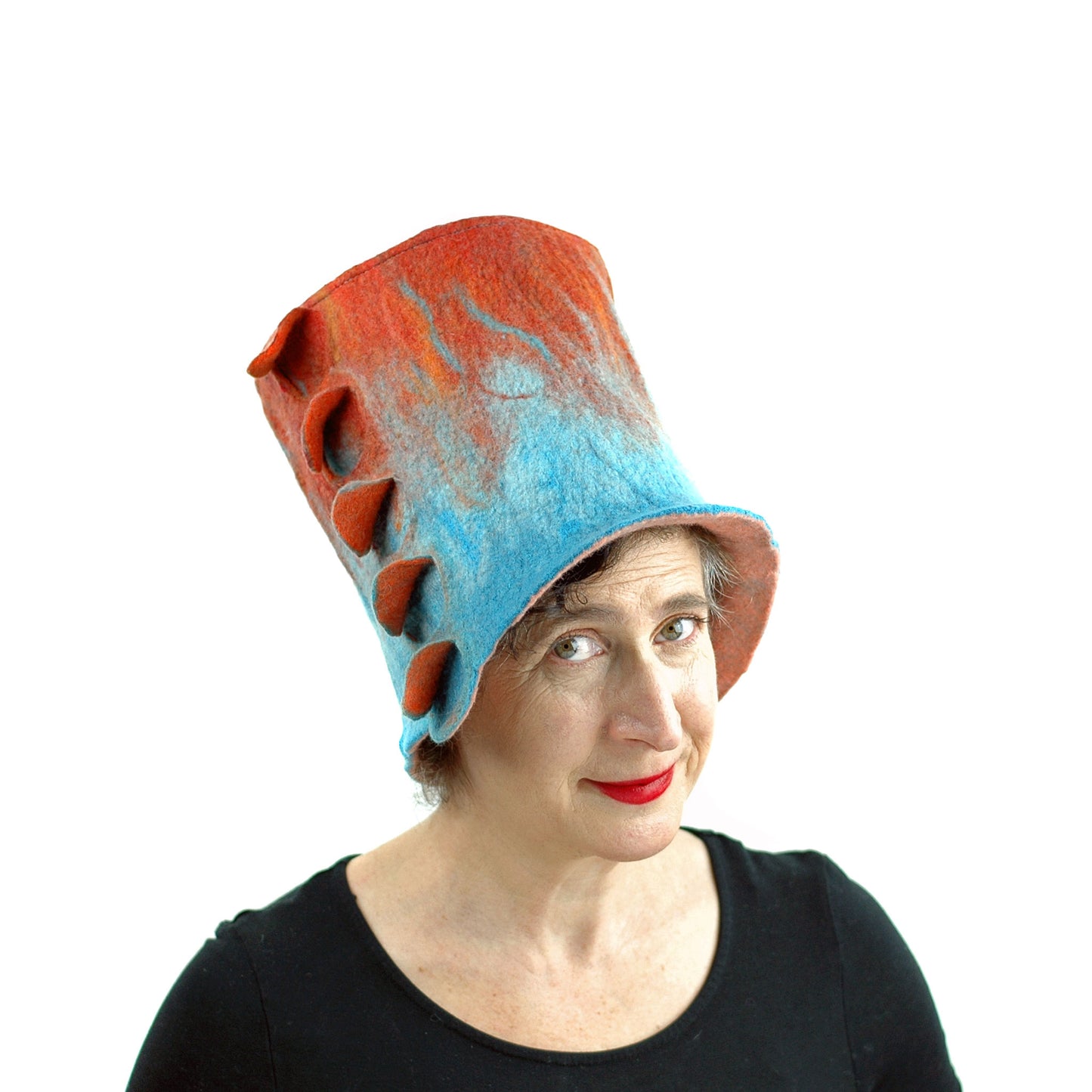 Orange and Turquoise Felted Top Hat - front view