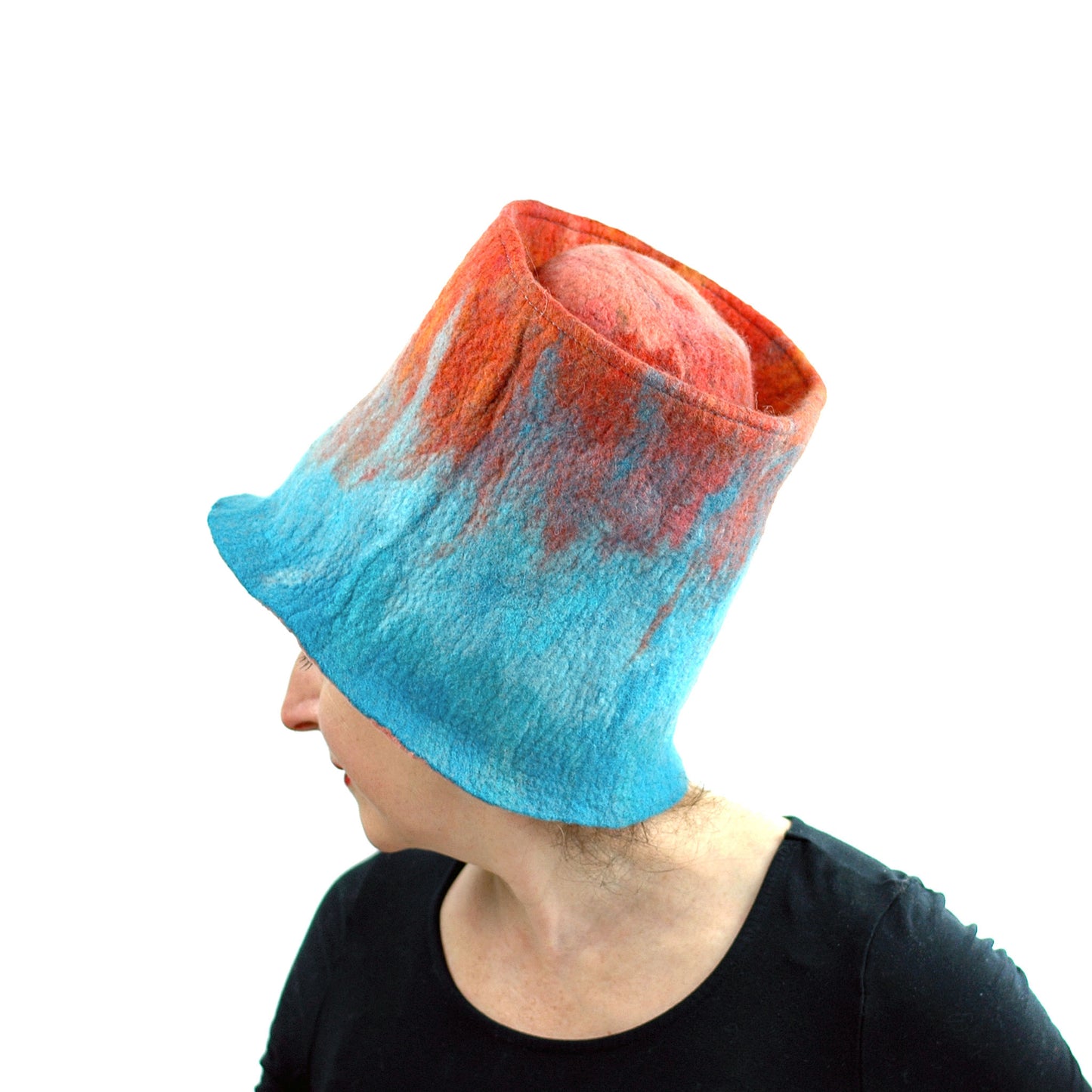 Orange and Turquoise Felted Top Hat - left side