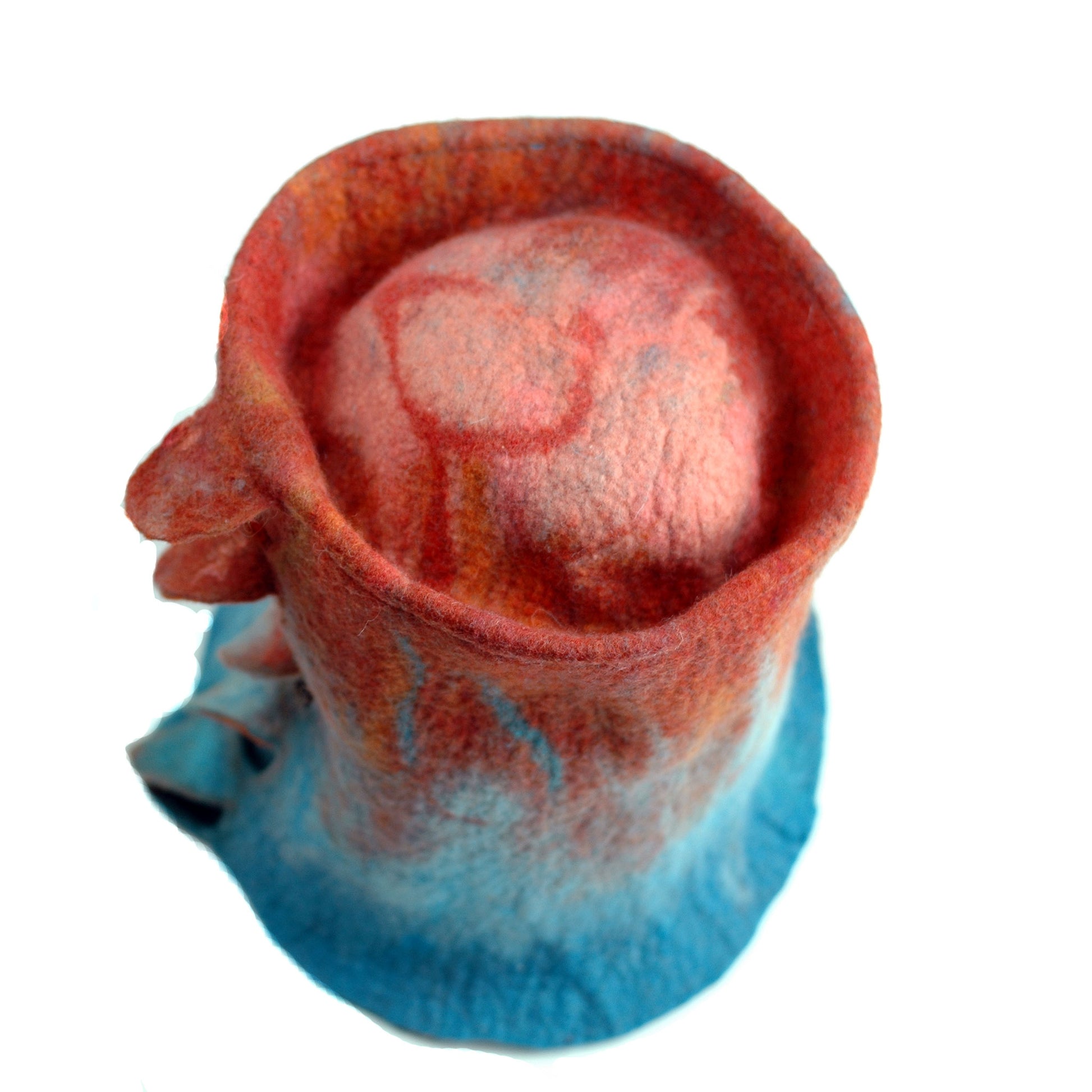 Orange and Turquoise Felted Top Hat - top view