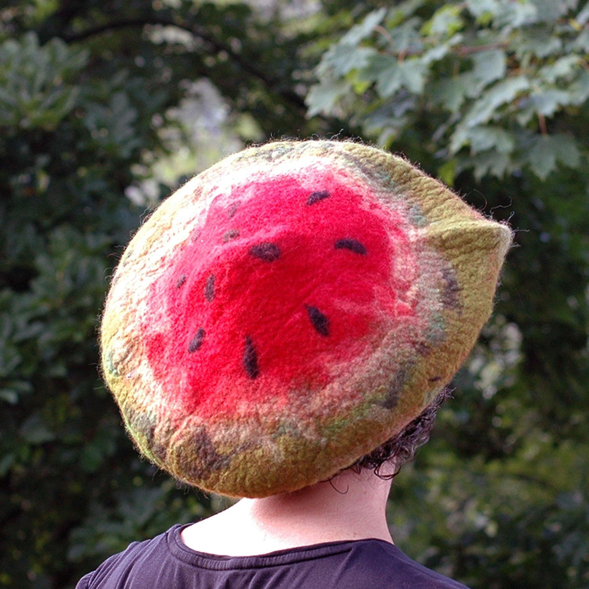 Whimsical Felted Watermelon Beret in Red and Green -back view