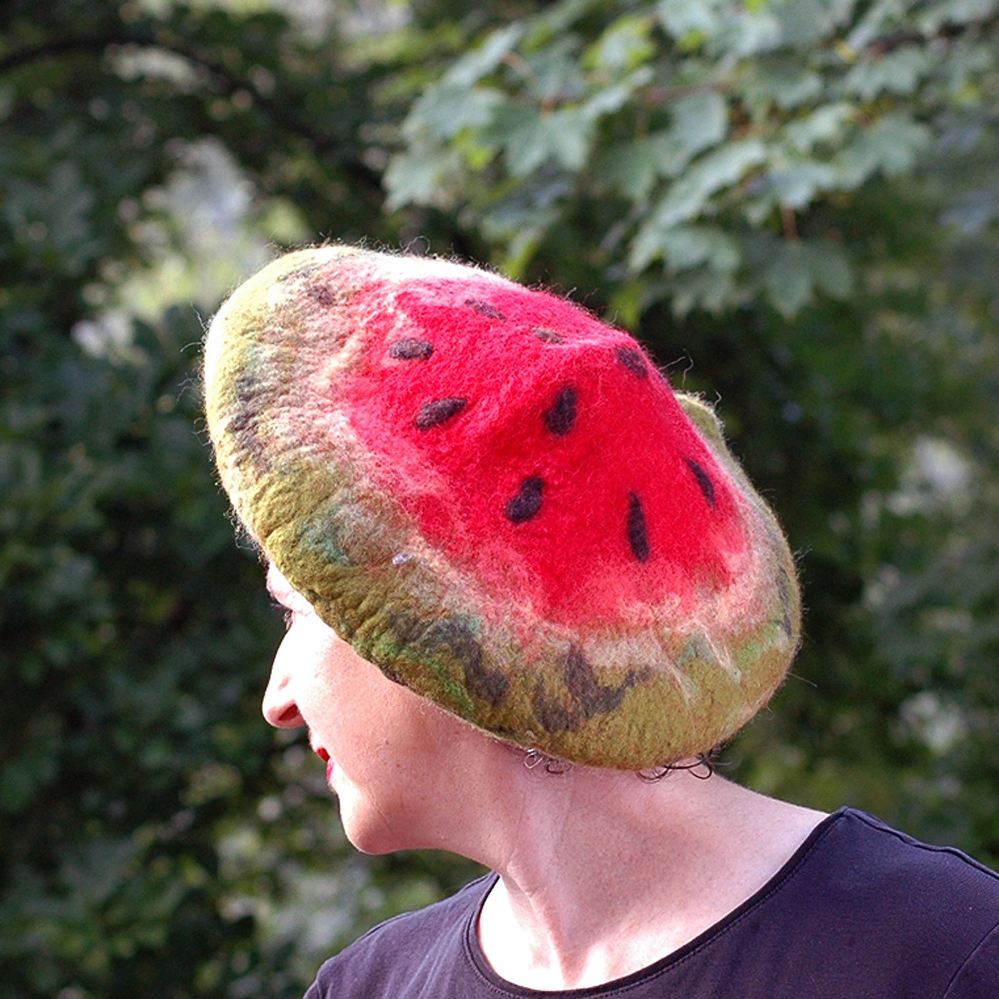Whimsical Felted Watermelon Beret in Red and Green - side view