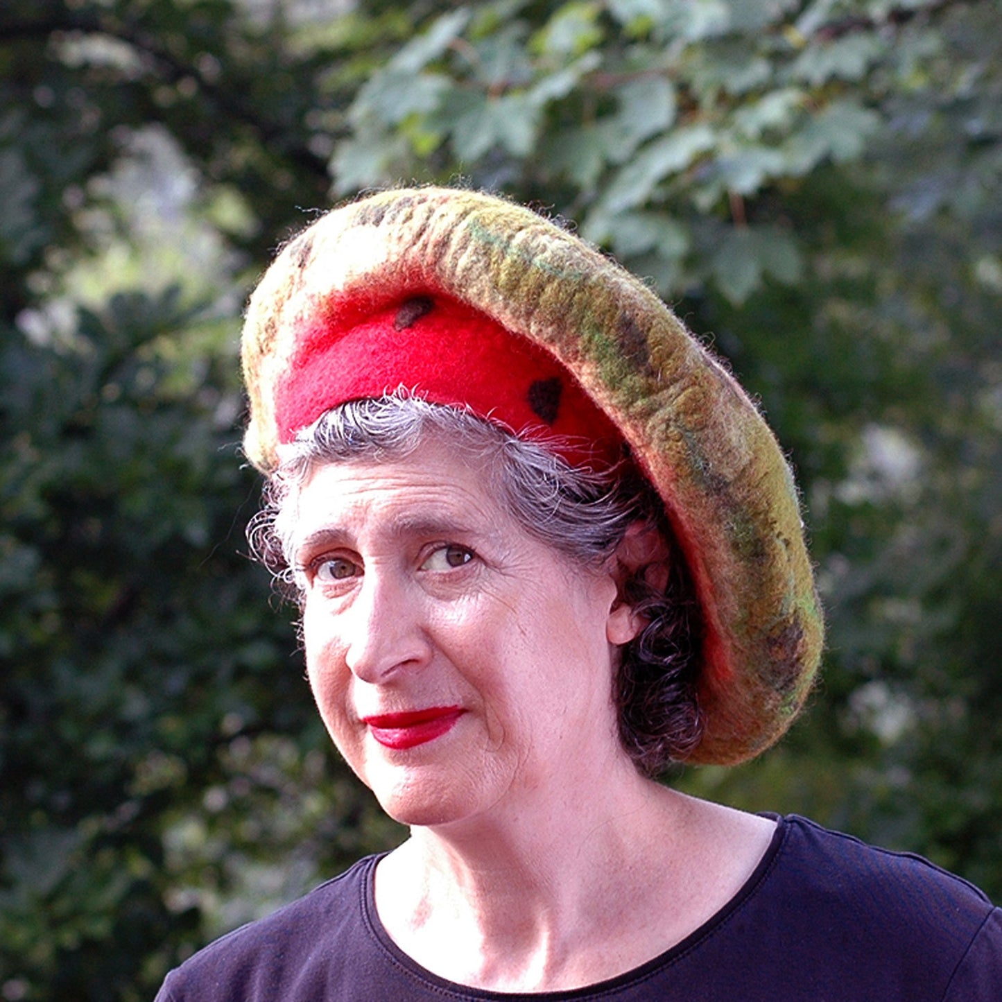 Whimsical Felted Watermelon Beret in Red and Green - three quarters view