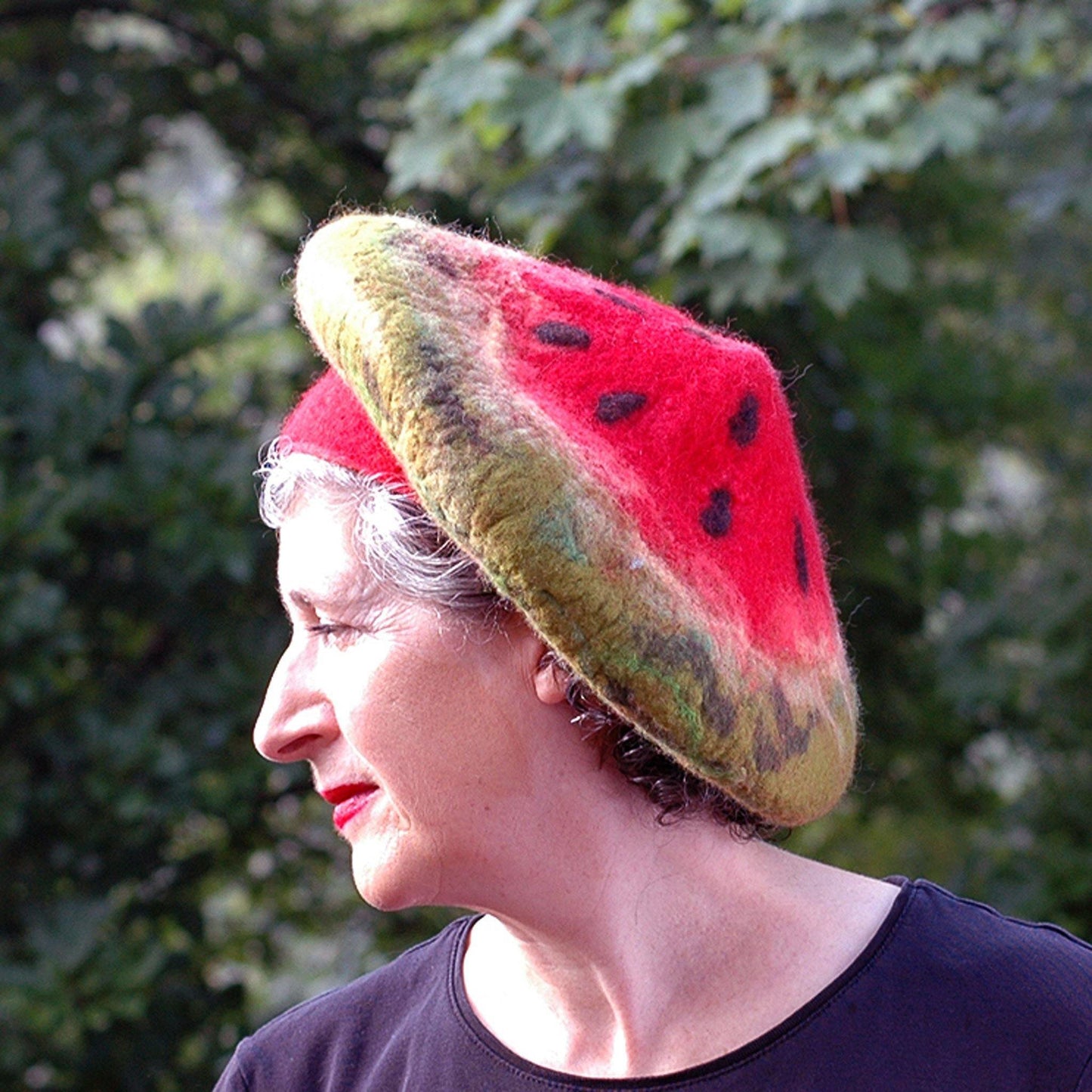 Whimsical Felted Watermelon Beret in Red and Green - side view