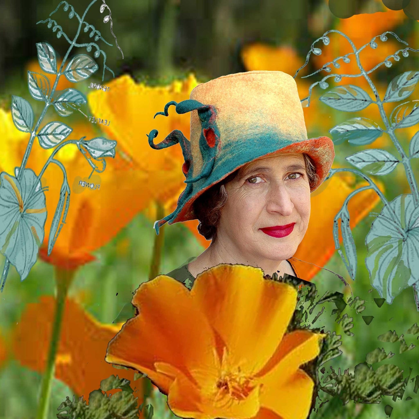 Felted Peapod Fedora Hat set amongst California Poppies and Stylized Botanical drawings of peapods.