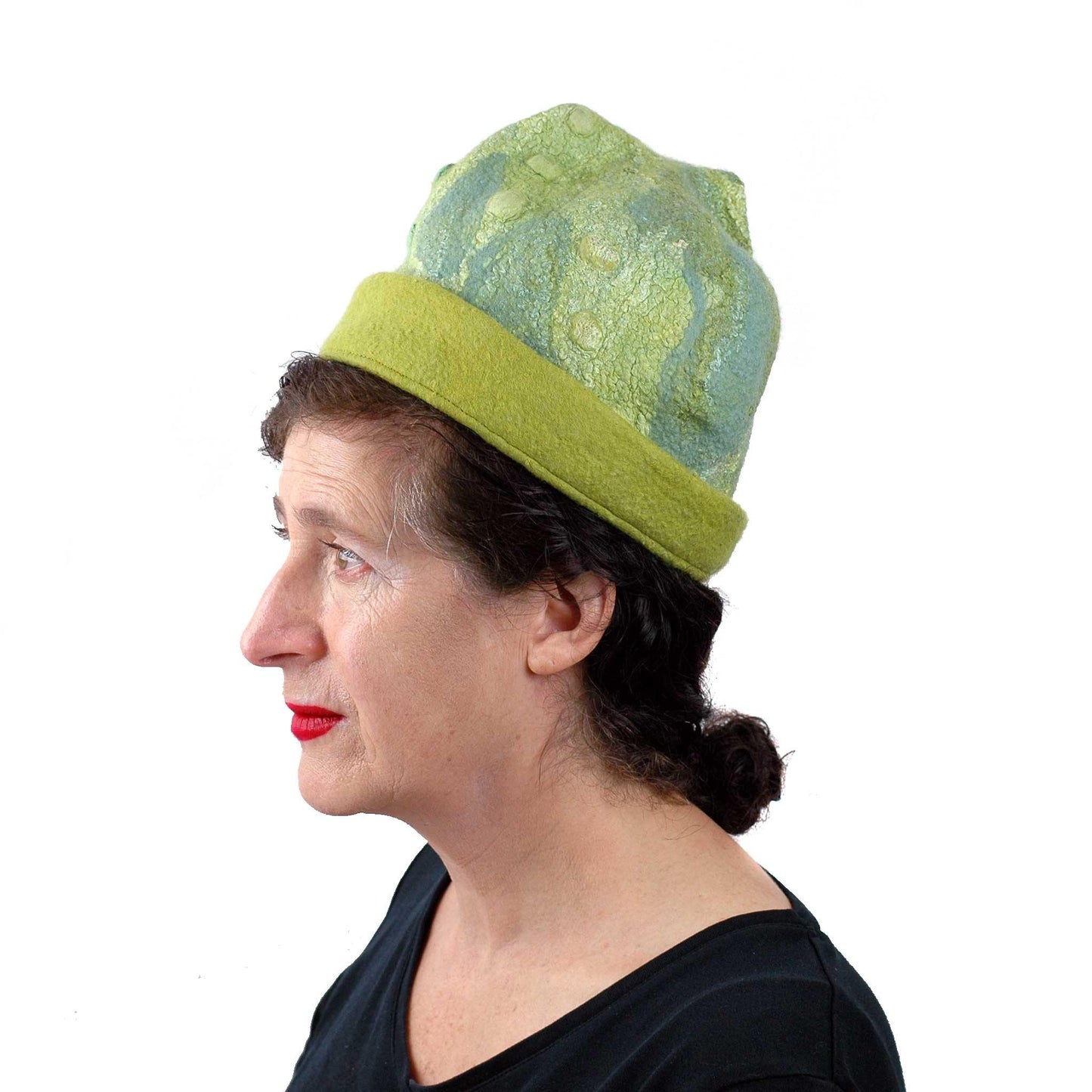 Asparagus Green Beanie with Fishtail on Top - Small Size - side view