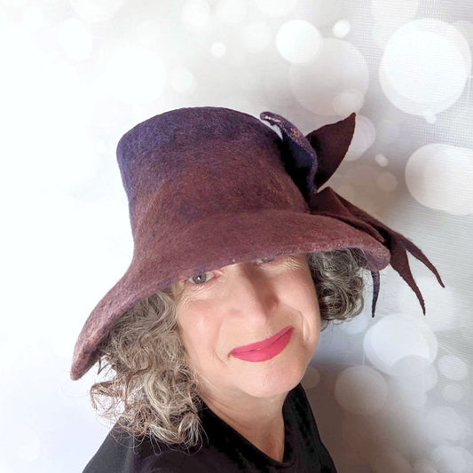 Asymmetrical Brimmed Felt Hat in an Ombre of Navy Brown - frontview