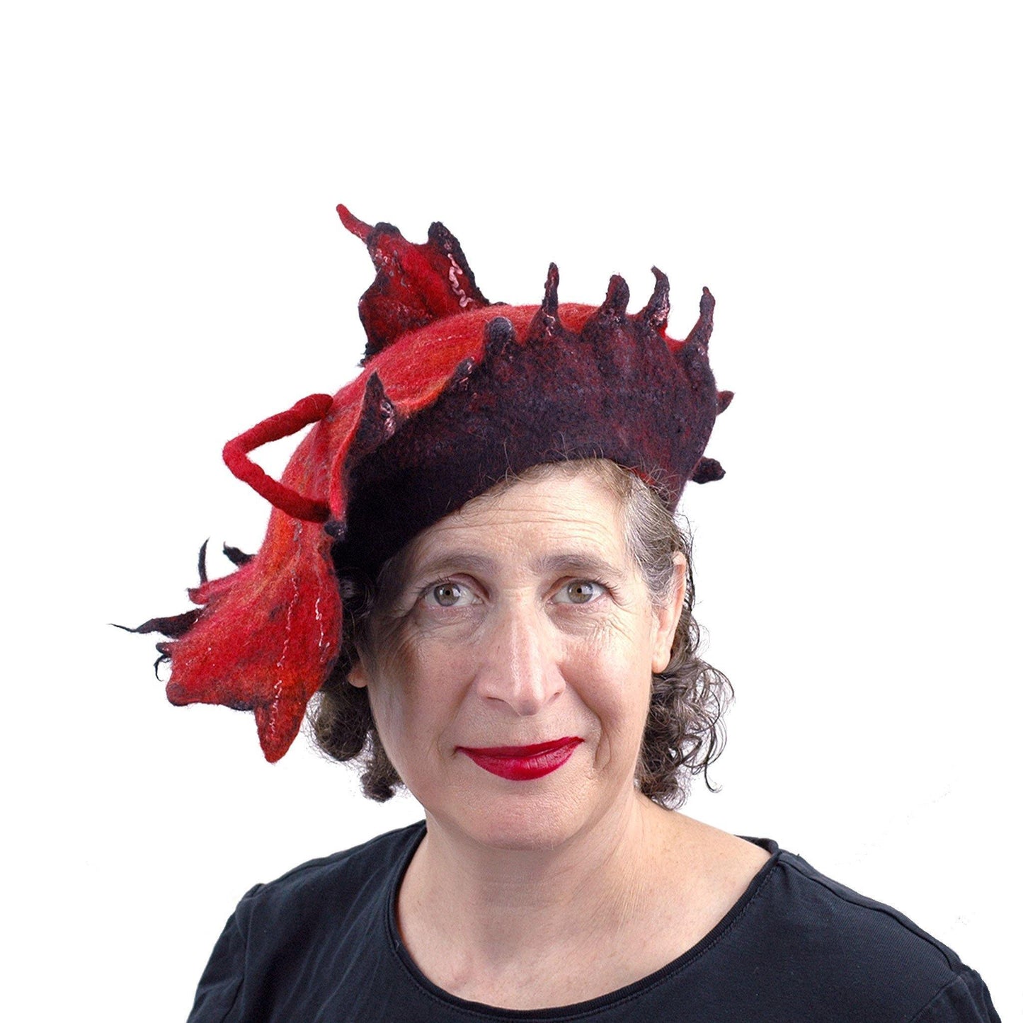 Autumn Inspired Leaf Hat in Red and Black - front view