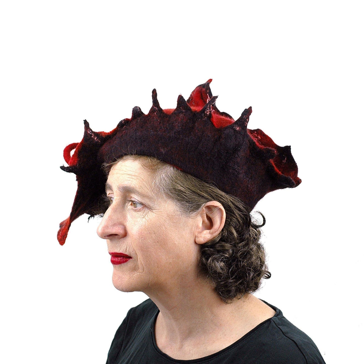 Autumn Inspired Leaf Hat in Red and Black - side view