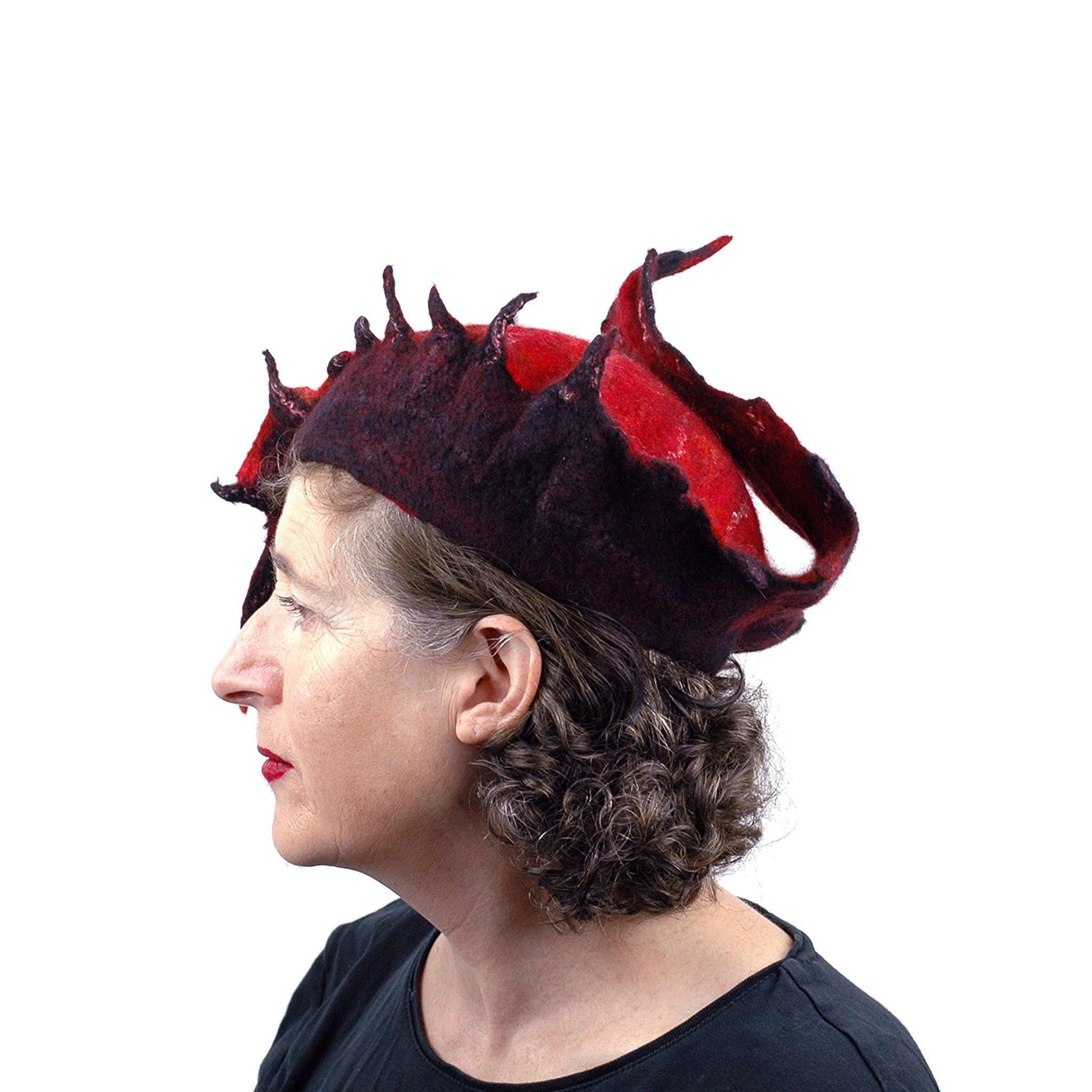 Autumn Inspired Leaf Hat in Red and Black - side view