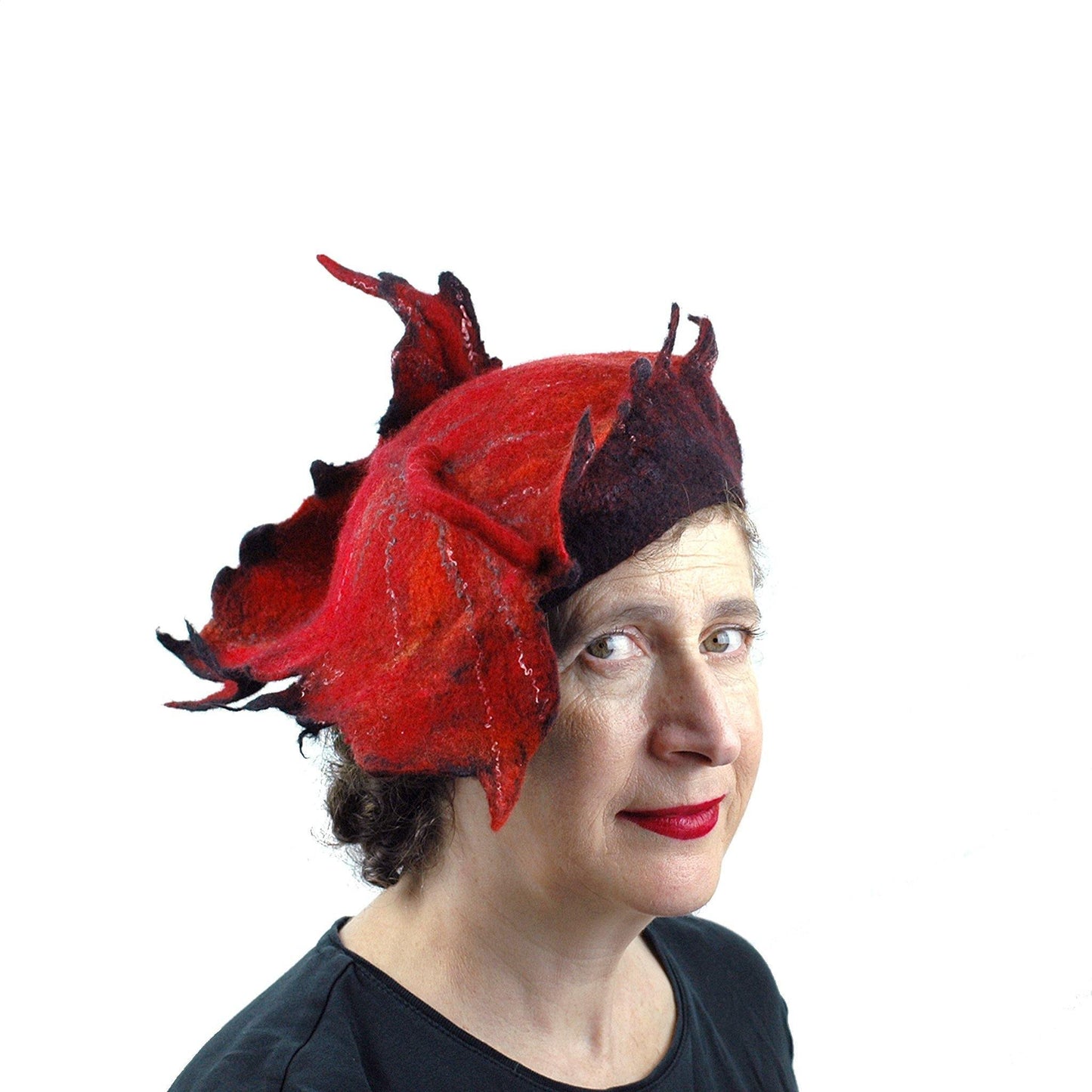 Autumn Inspired Leaf Hat in Red and Black - three quarters view