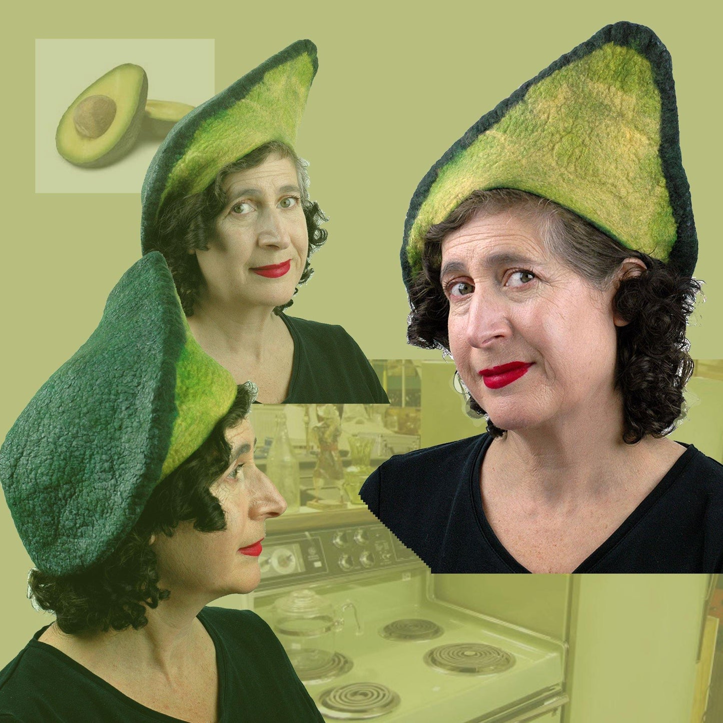 Felted Avocade Beret with retro kitchen collage and sliced avocado.