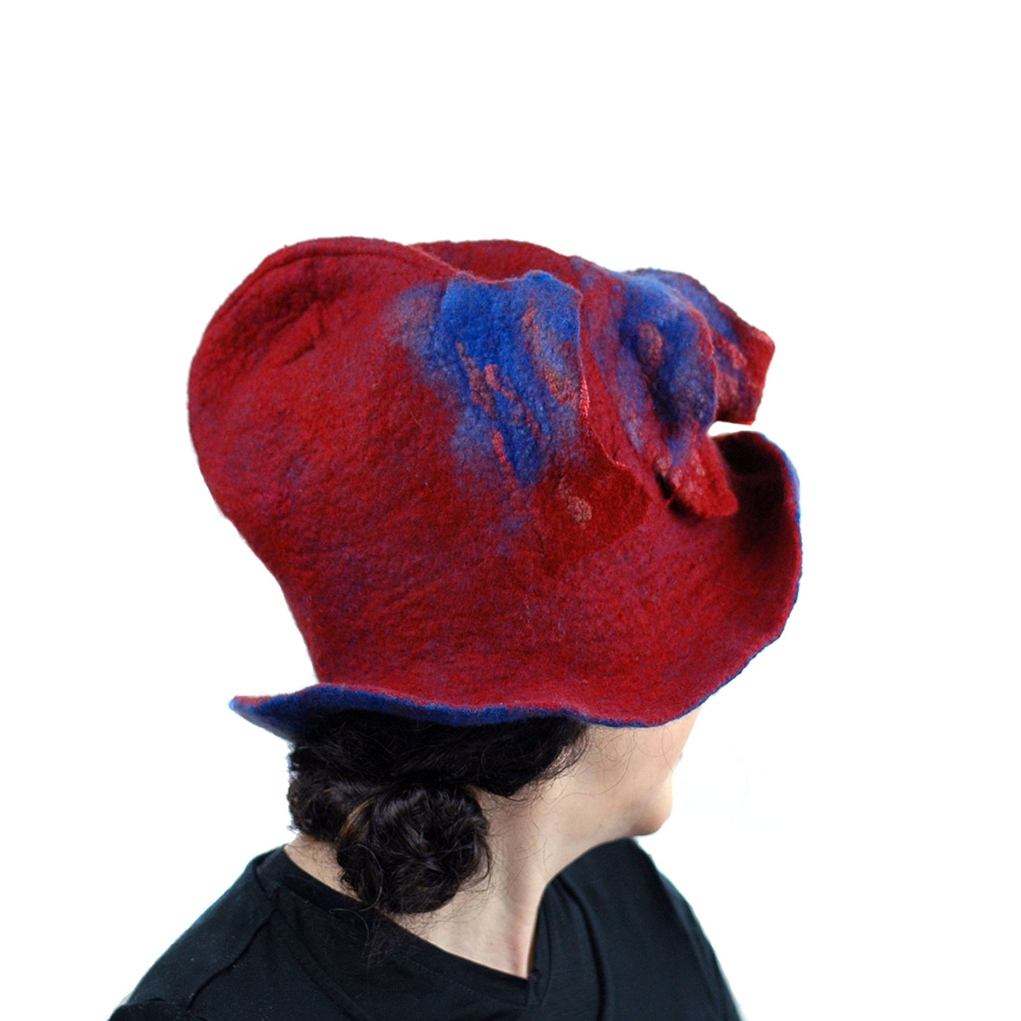Big Brimmed Red and Blue Felted Hat - back view