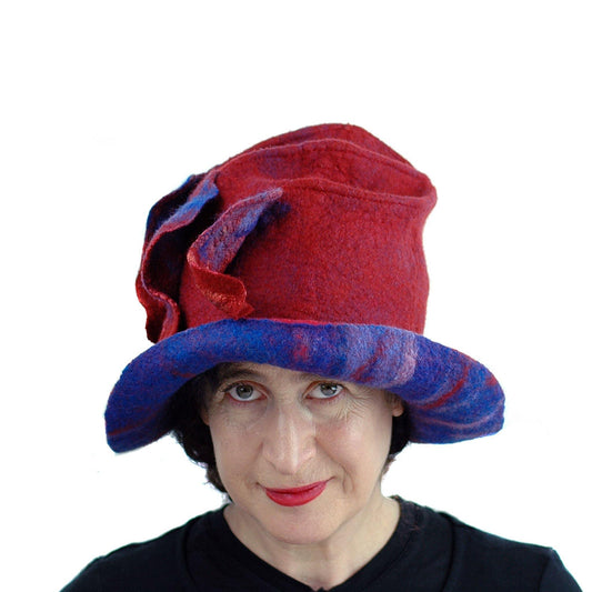 Big Brimmed Red and Blue Felted Hat - front view