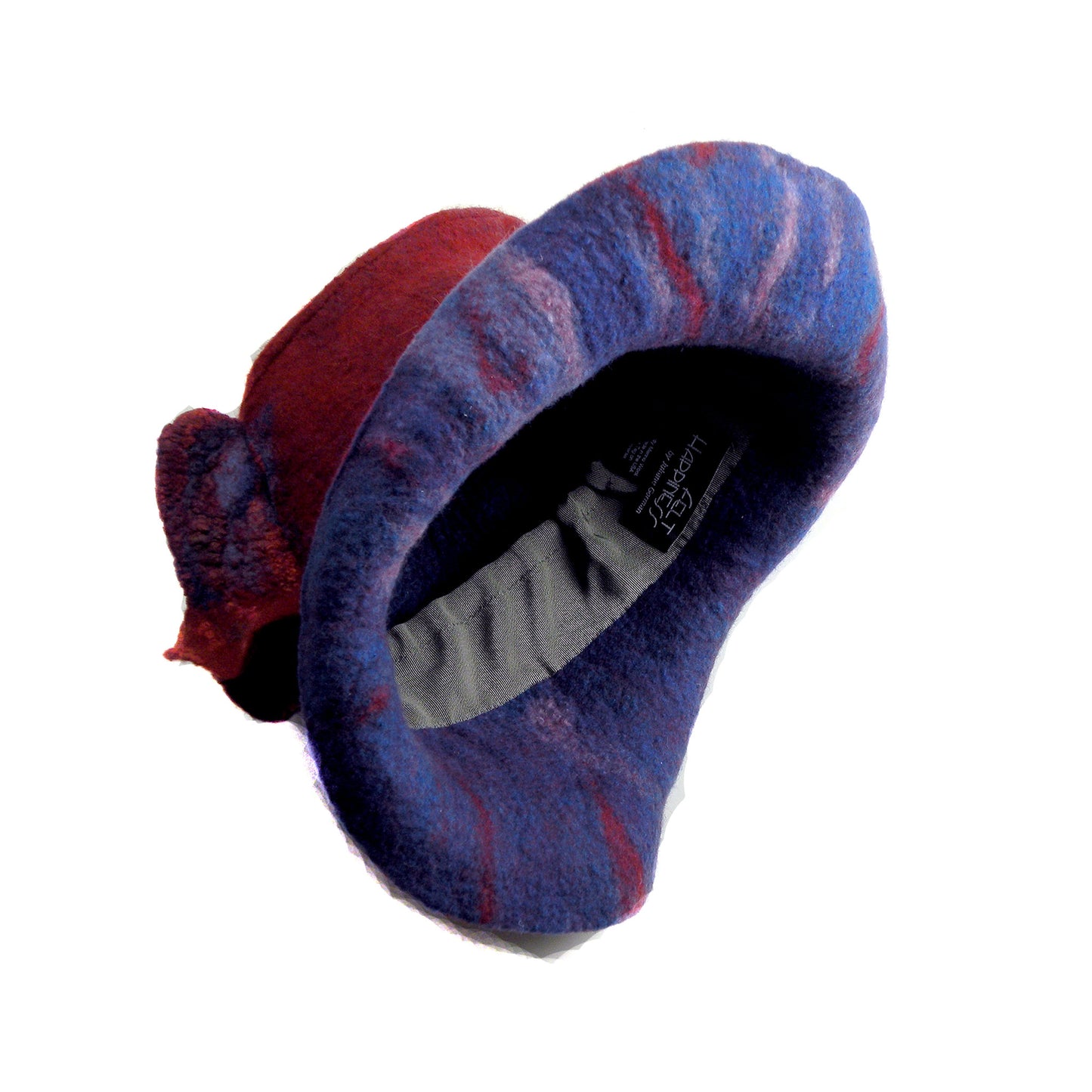 Big Brimmed Red and Blue Felted Hat - inside view