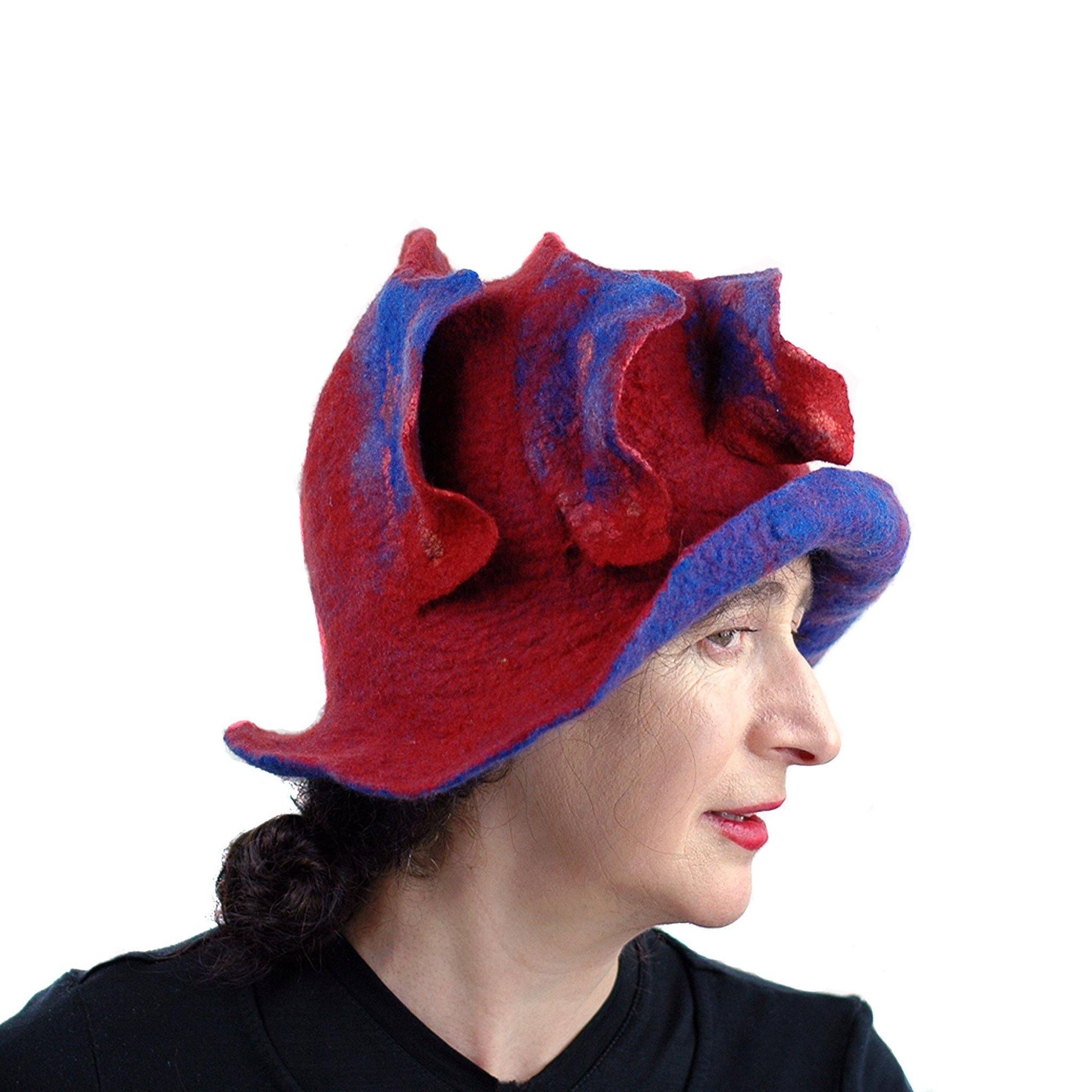 Big Brimmed Red and Blue Felted Hat - side view 3 - with the felted 'Waves' showing on the side.