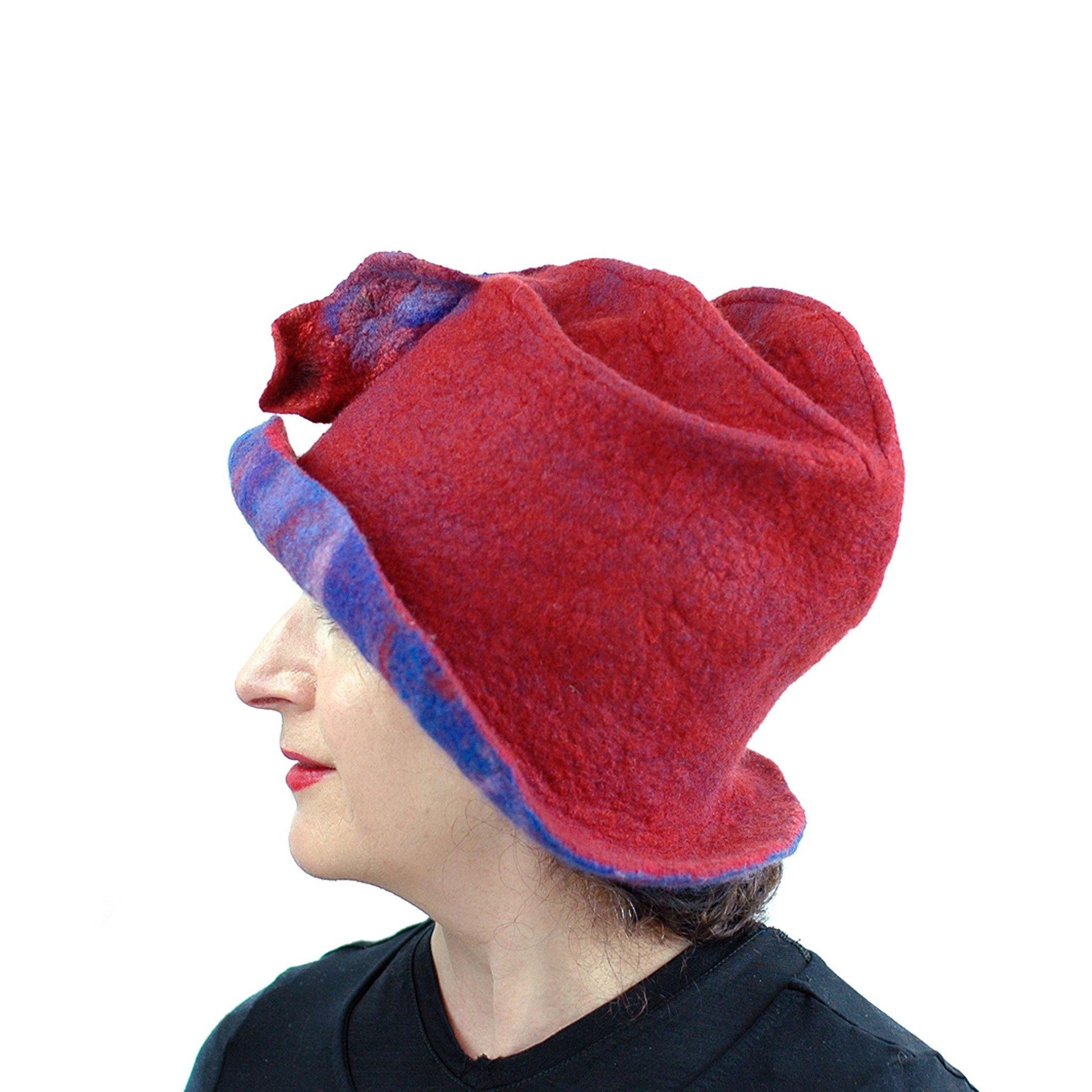 Big Brimmed Red and Blue Felted Hat - side view 2