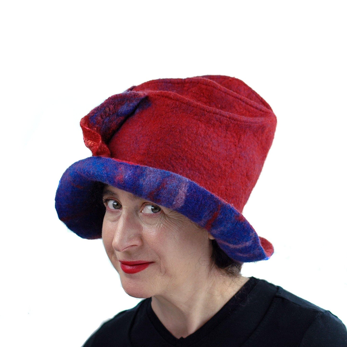 Big Brimmed Red and Blue Felted Hat - side view 1