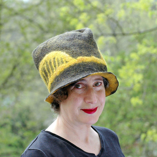 Black and Gold Felted Fedora with Tied-arch Bridge - outdoors