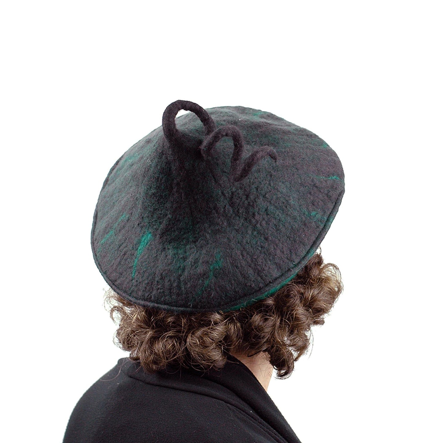 Black and Green Felted Beret with Curlicue on Top - back view