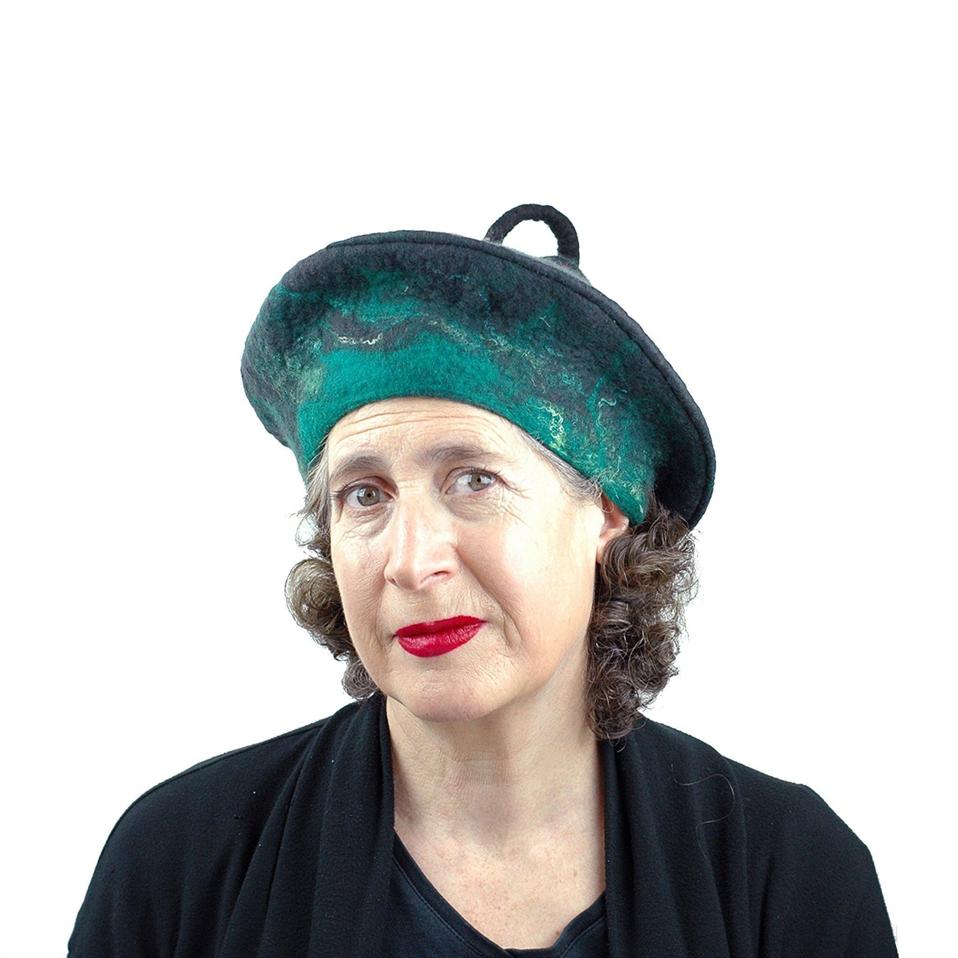 Black and Green Felted Beret with Curlicue on Top - threequarters view