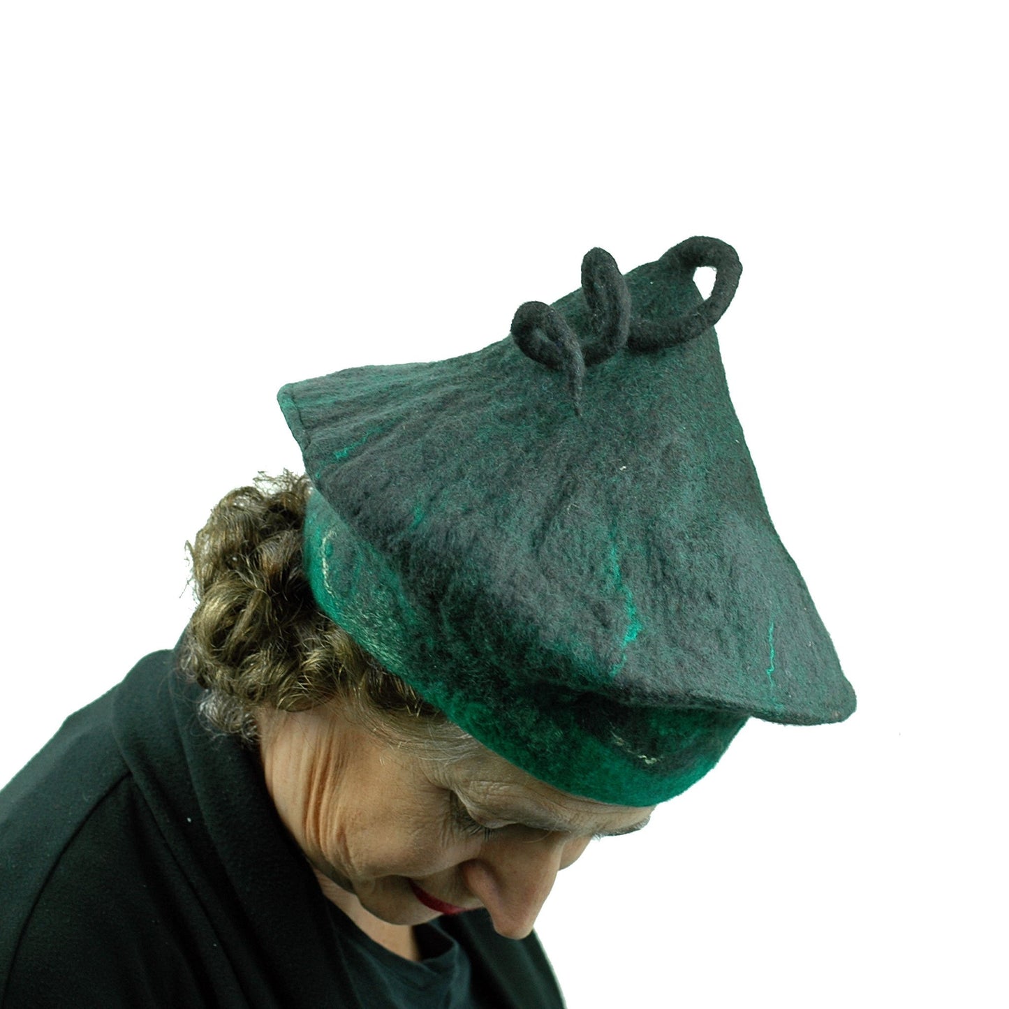 Black and Green Felted Beret with Curlicue on Top - top view
