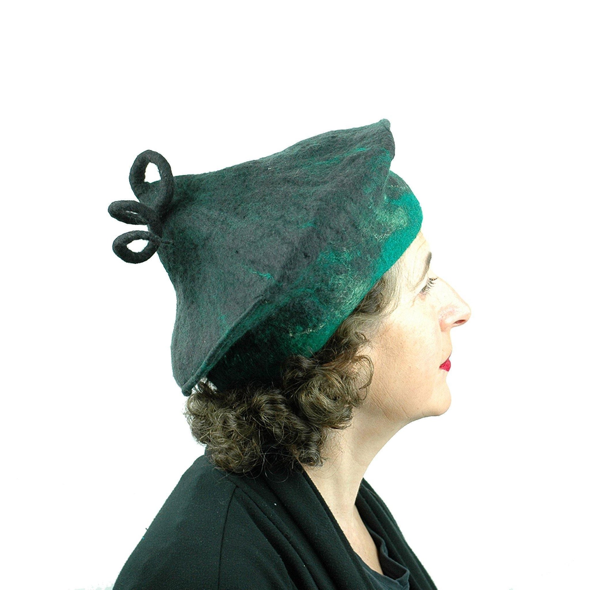 Black and Green Felted Beret with Curlicue on Top - side view