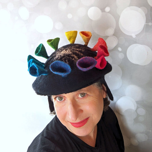 Black Felted Newsboy Cap with Rainbow Fungi - front view
