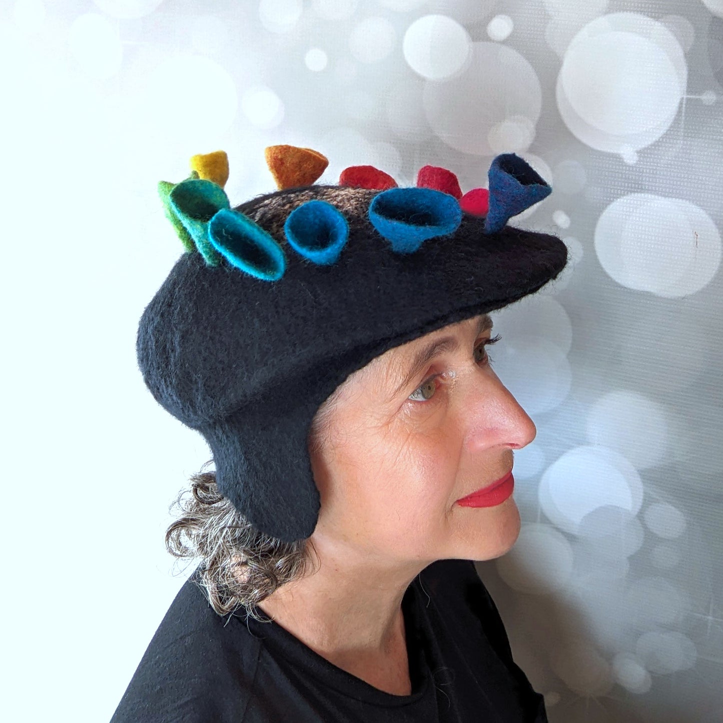 Black Felted Newsboy Cap with Rainbow Fungi -sideview