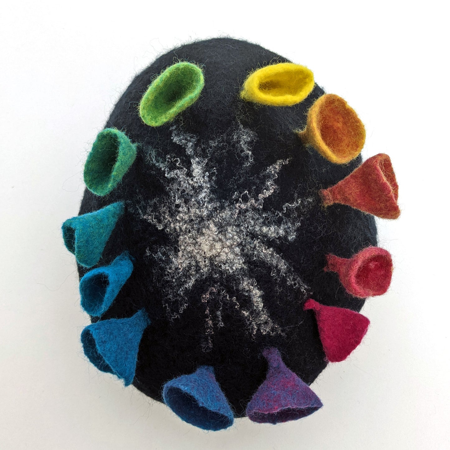 Black Felted Newsboy Cap with Rainbow Fungi - topview