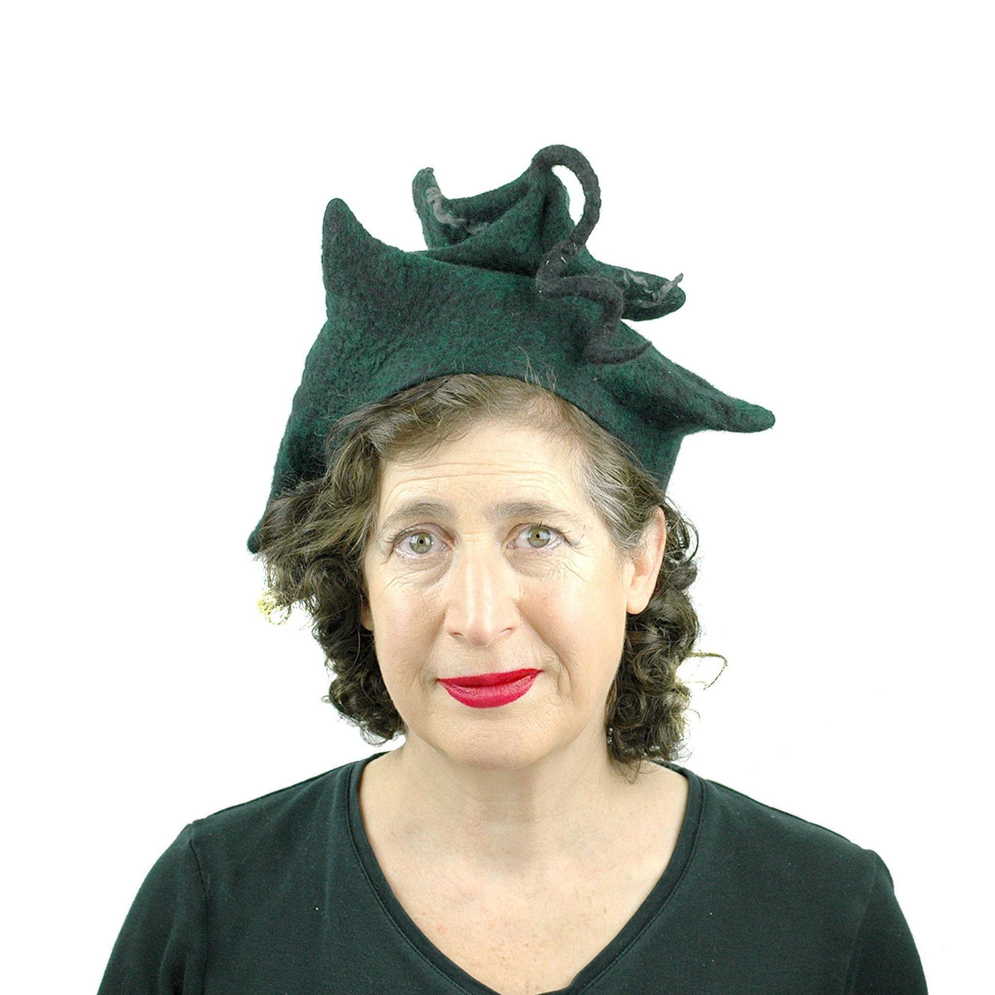 Black Felted Pagoda Hat with Curlicue on Top - front view