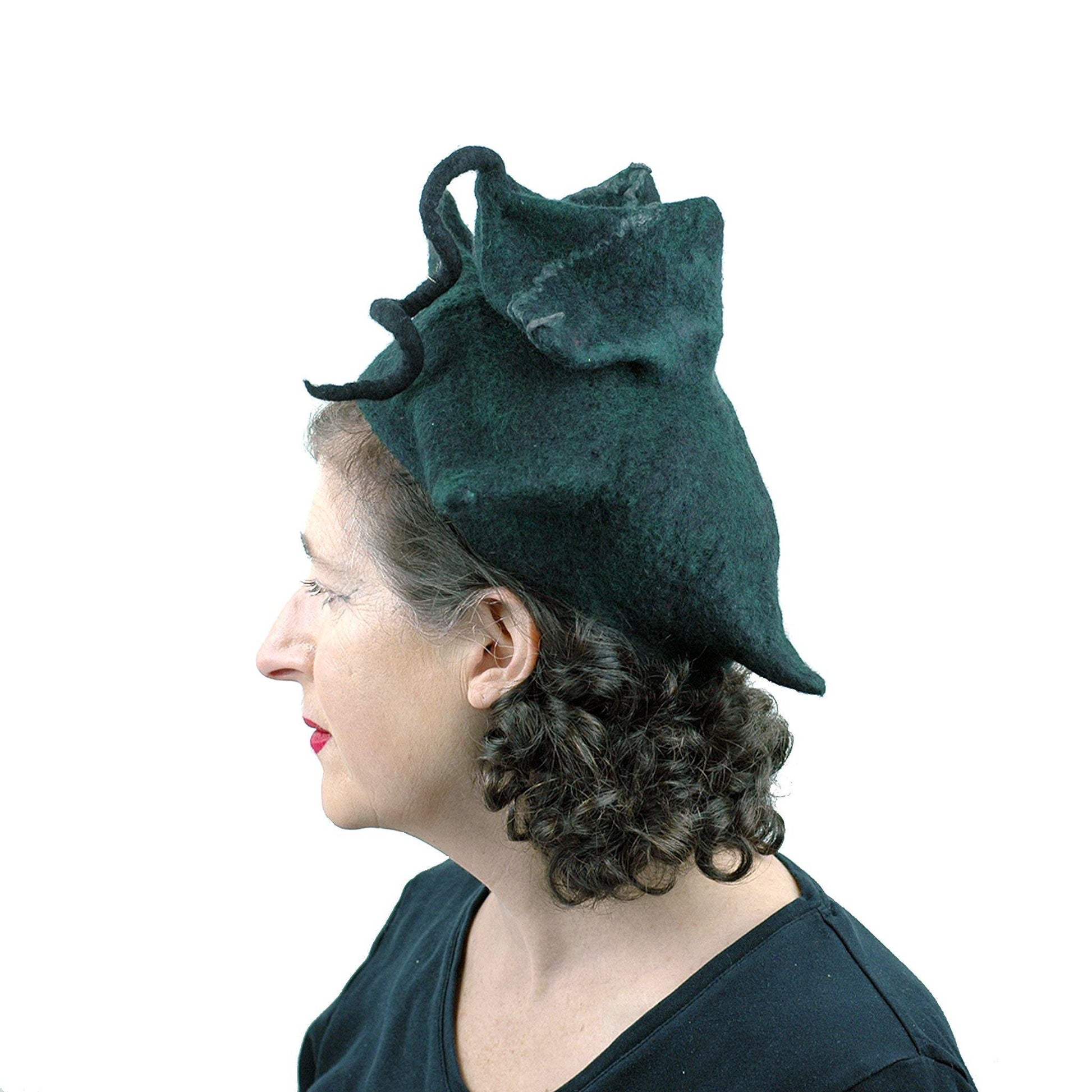 Black Felted Pagoda Hat with Curlicue on Top - side view