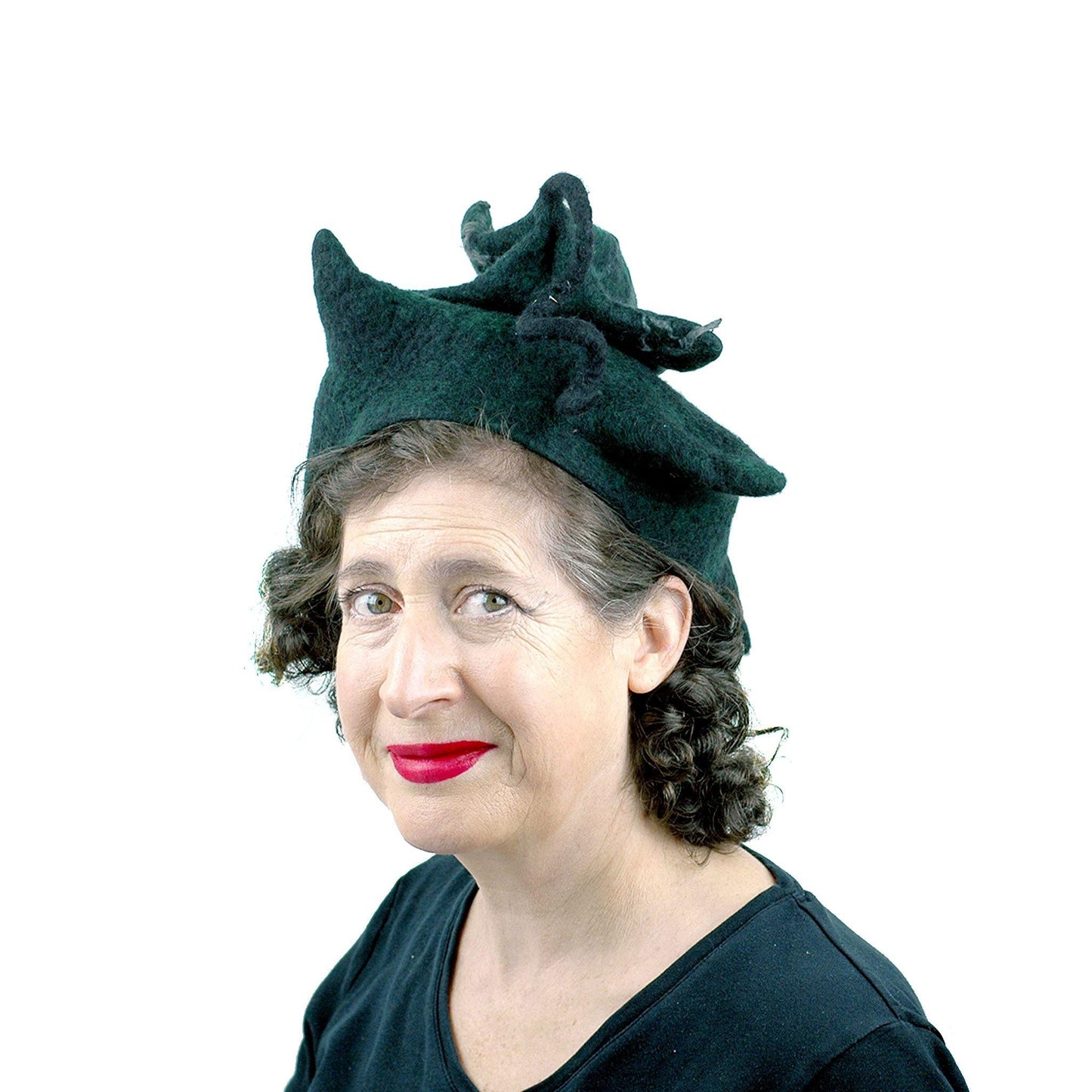 Black Felted Pagoda Hat with Curlicue on Top - threequarters view