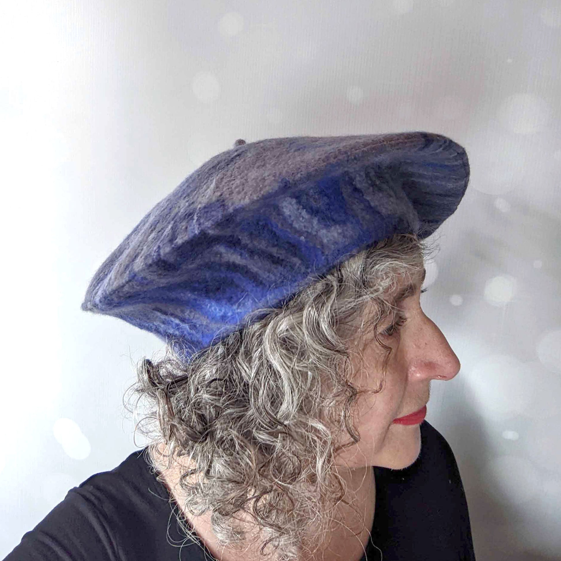 Blue and Gray Curlicue Beret - sideview