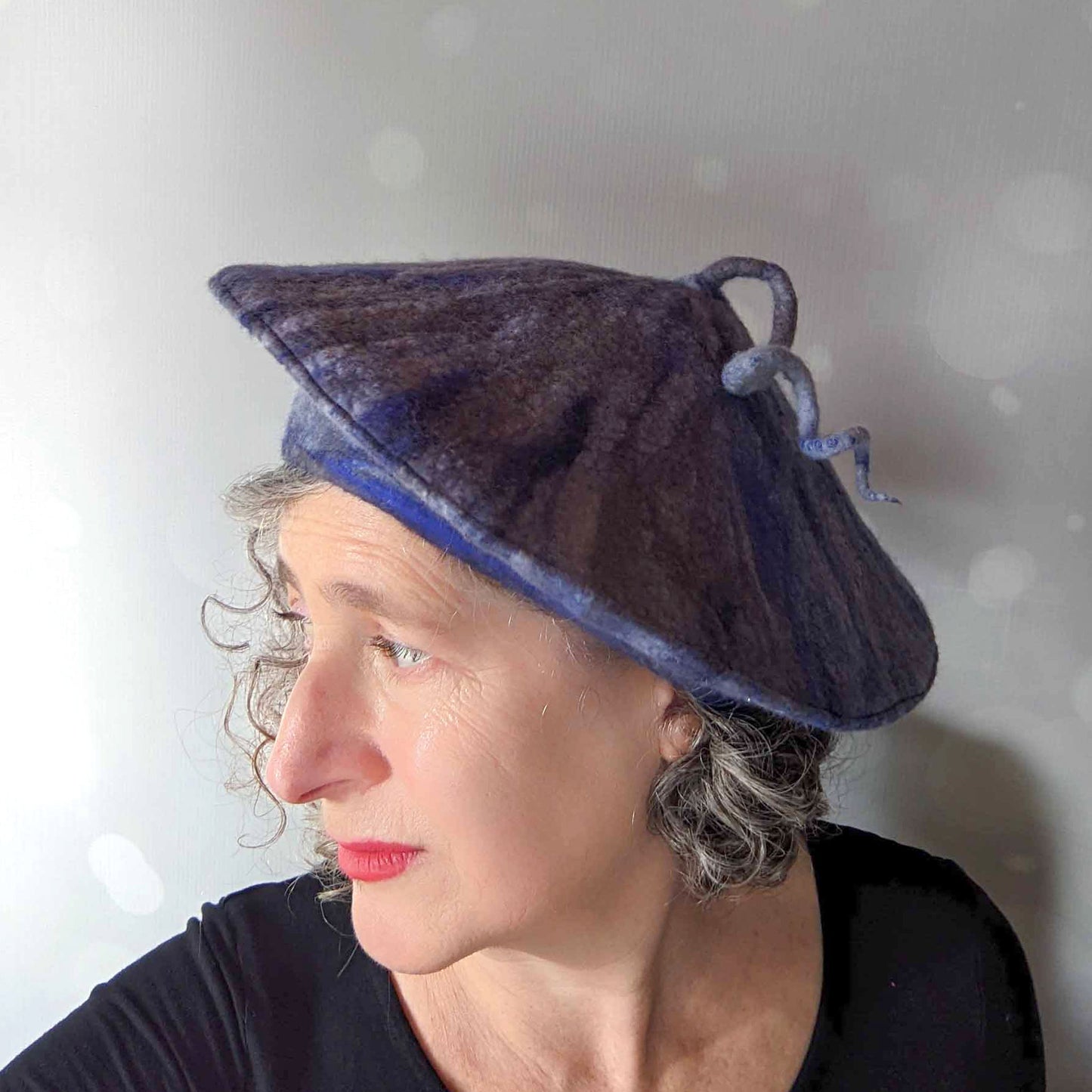 Blue and Gray Curlicue Beret -sideview