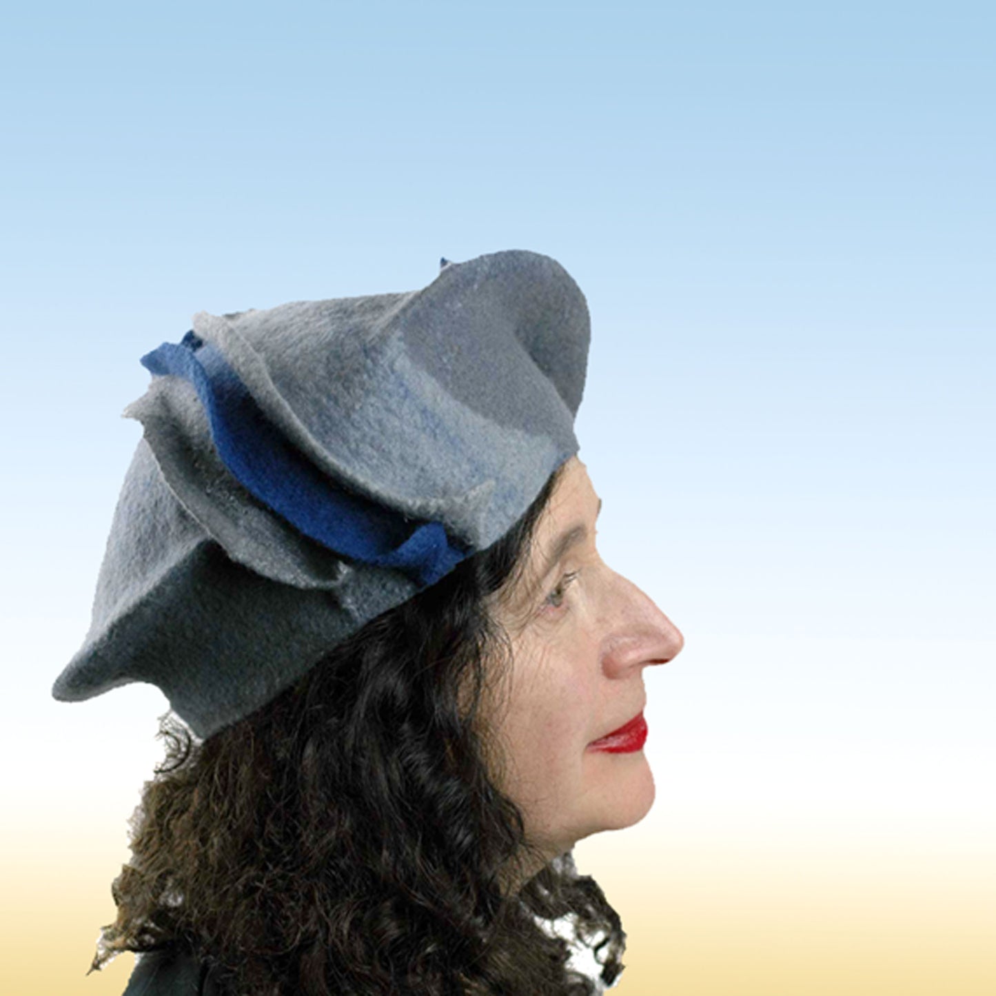 Sculptural Gray Beret with Navy Wave - collage