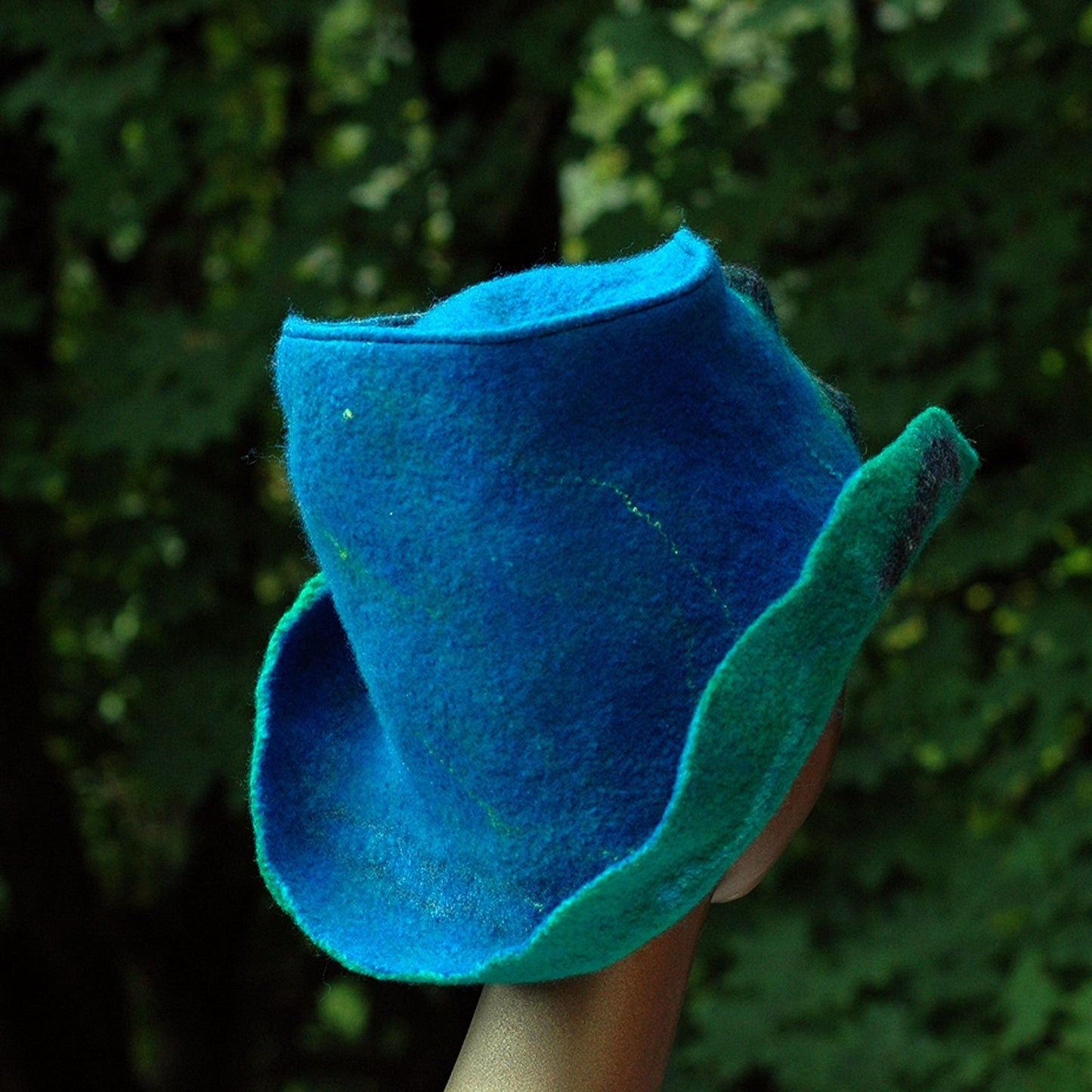 Blue Green Felted Hat with Curving Brim - back view