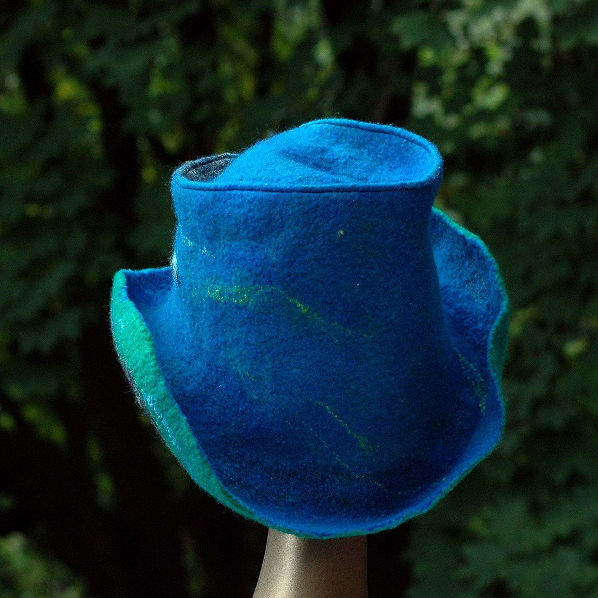 Blue Green Felted Hat with Curving Brim - back view