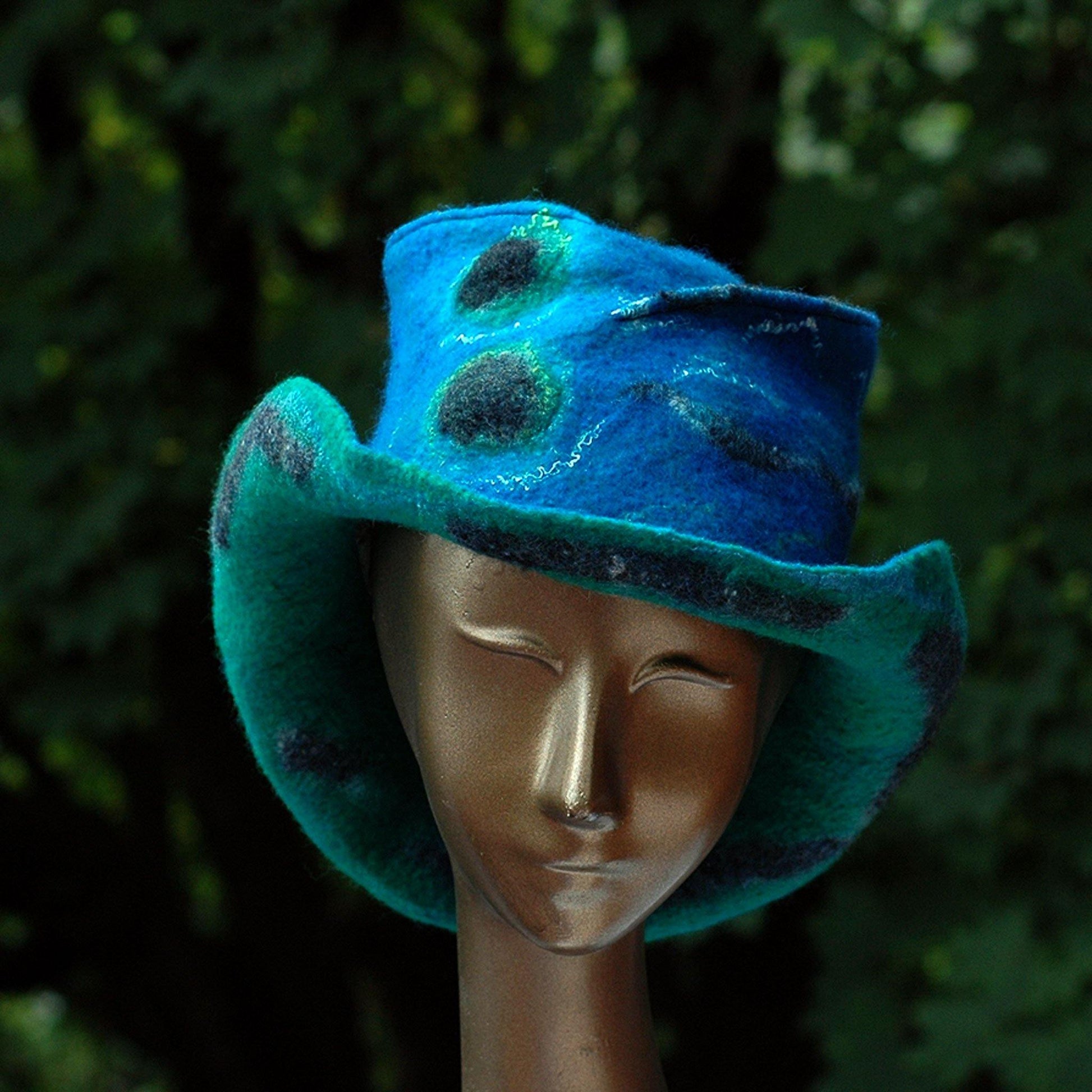 Blue Green Felted Hat with Curving Brim -front view